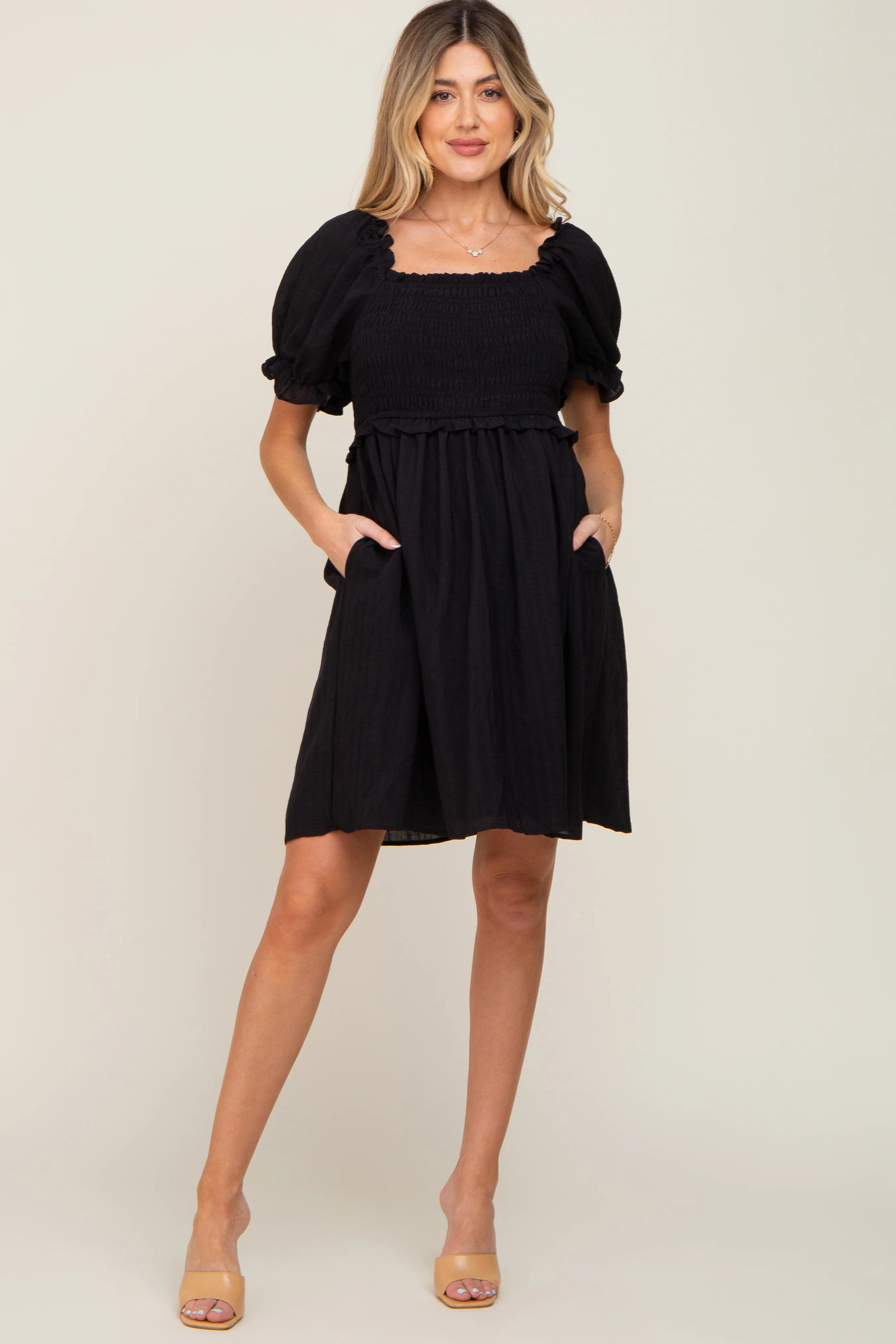 Black Smocked Puff Sleeve Maternity Dress - Image 4