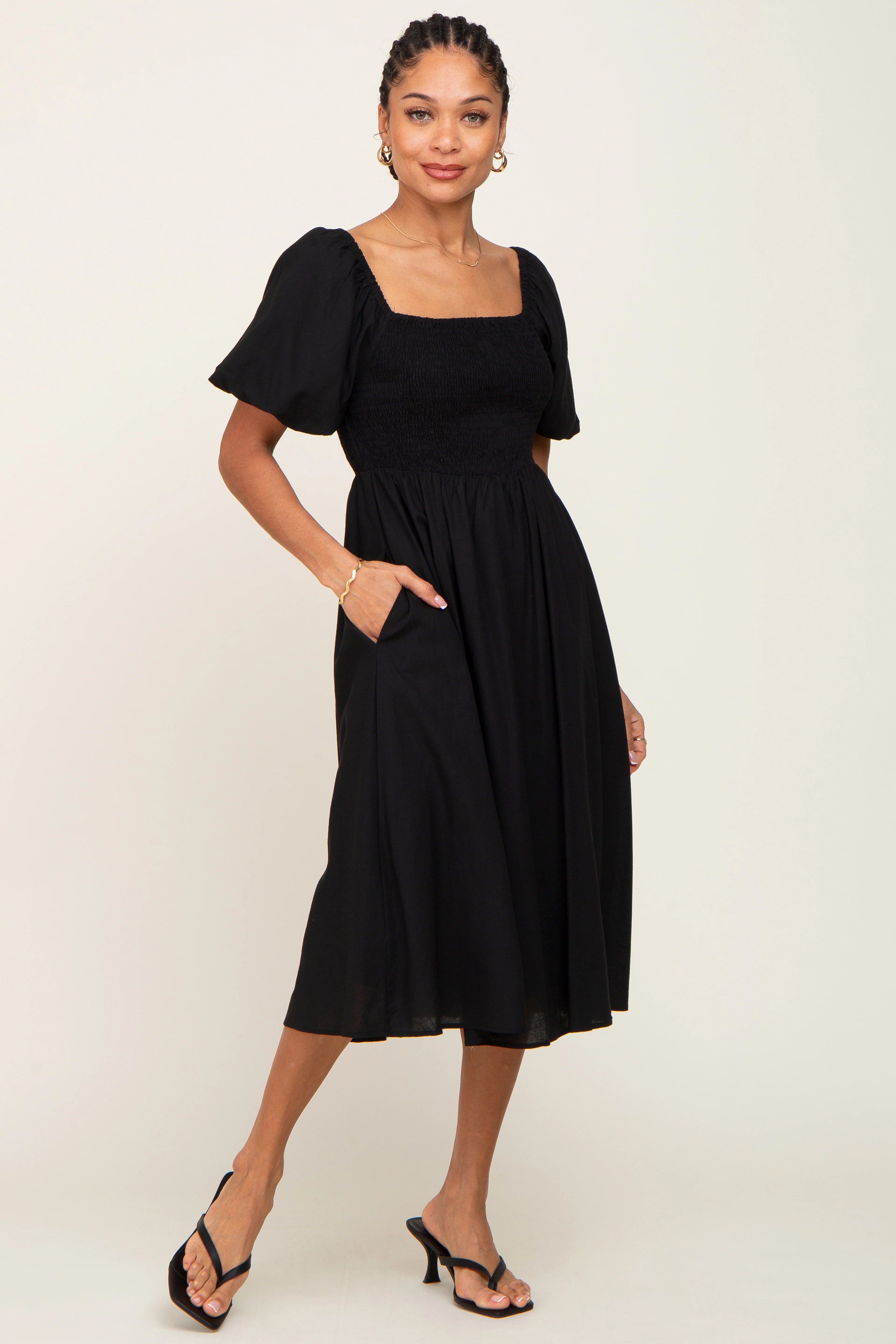 Black Smocked Puff Sleeve Maternity Midi Dress - Image 5