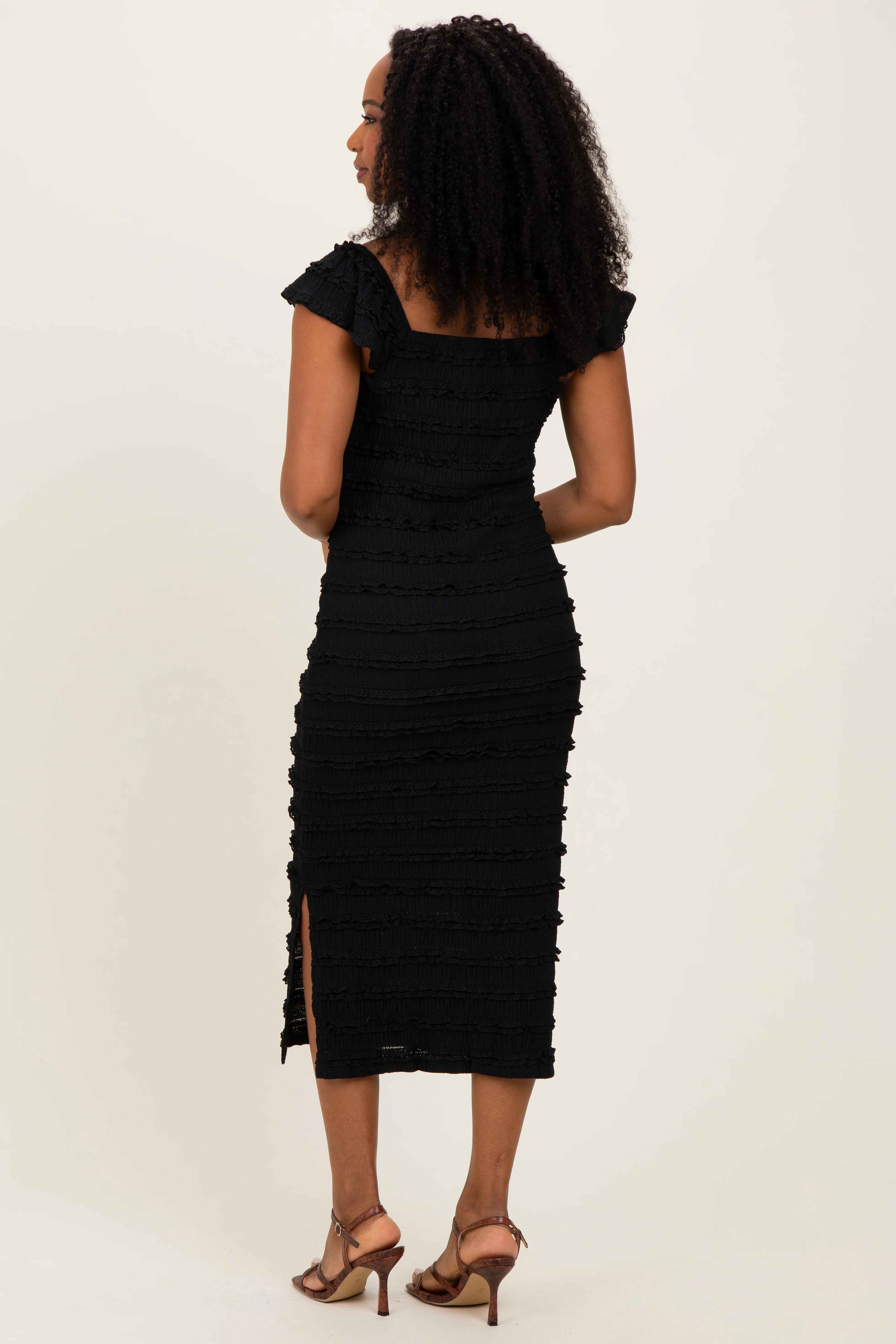 Black Smocked Ruffle Tier Midi Dress - Image 3