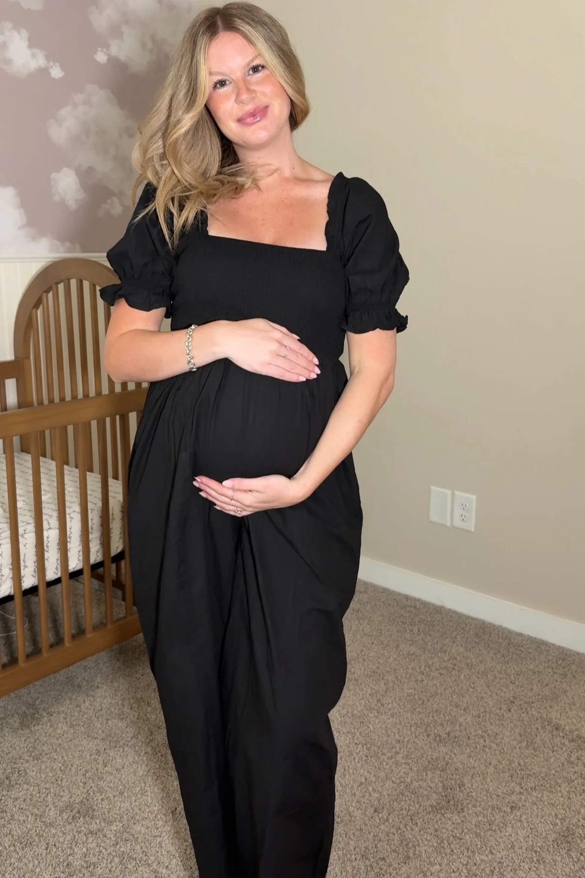 Black Smocked Square Neck Wide Leg Maternity Jumpsuit - Image 7