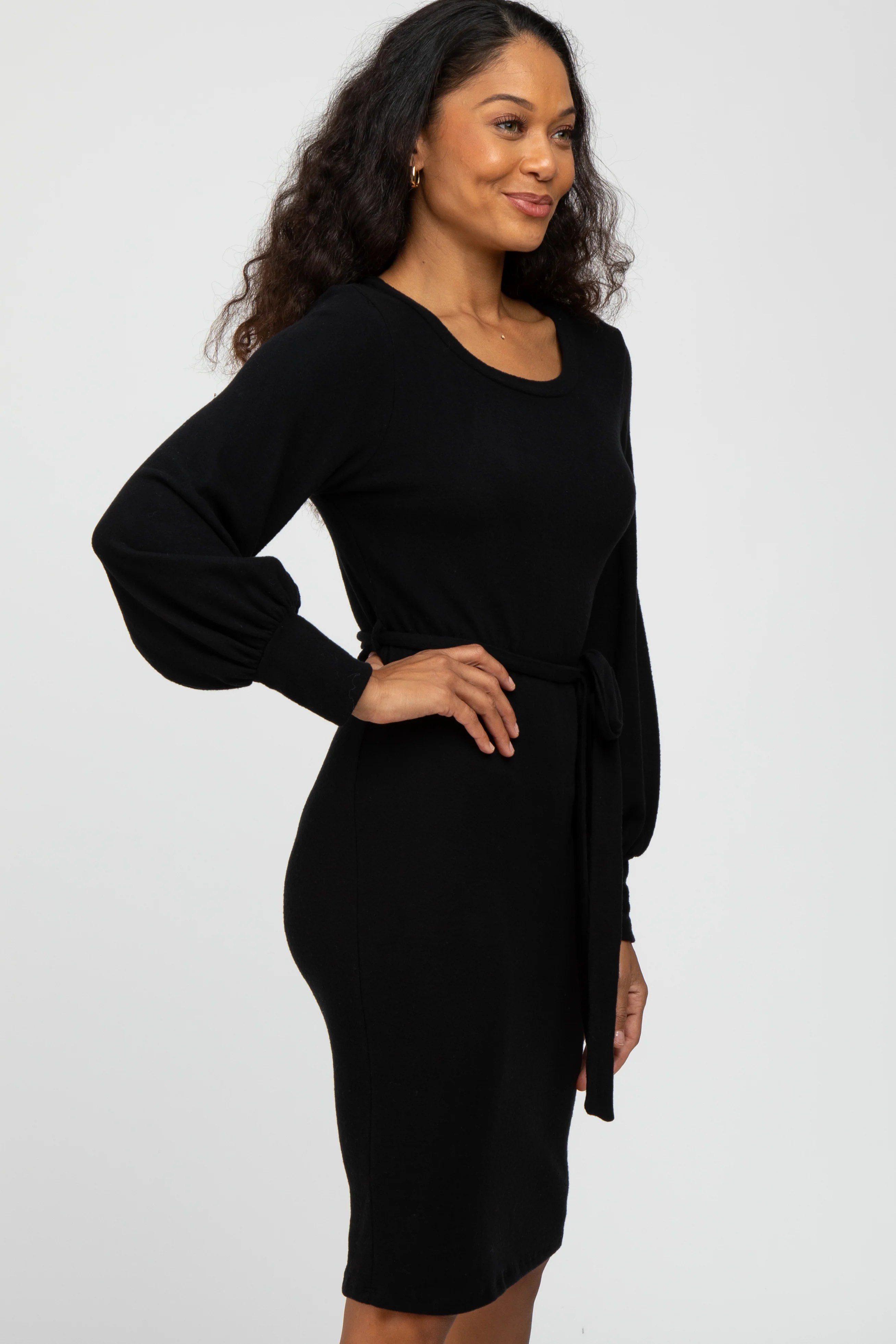Black Soft Brushed Waist Tie Bubble Sleeve Dress - Image 3
