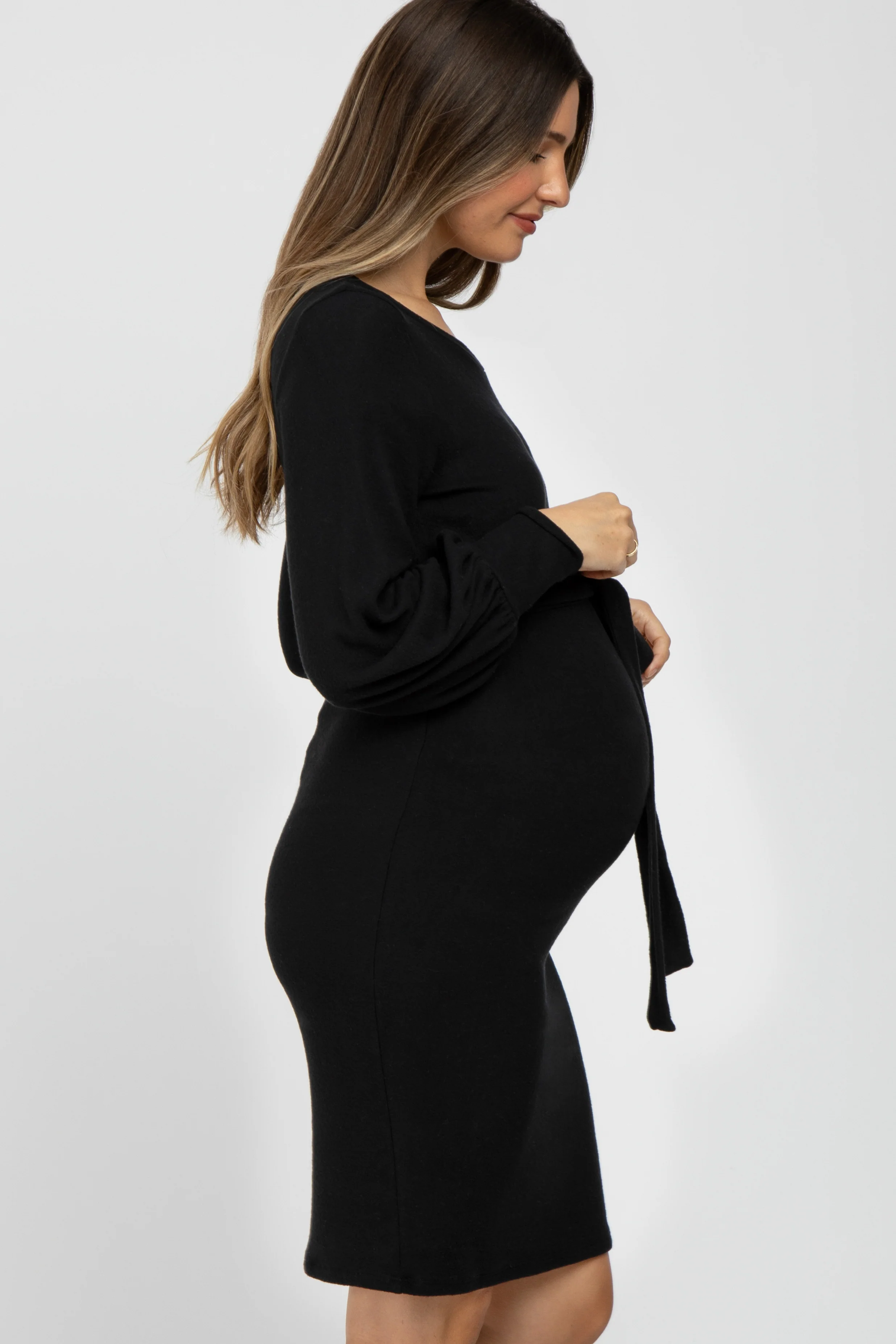 Black Soft Brushed Waist Tie Bubble Sleeve Maternity Dress - Image 3