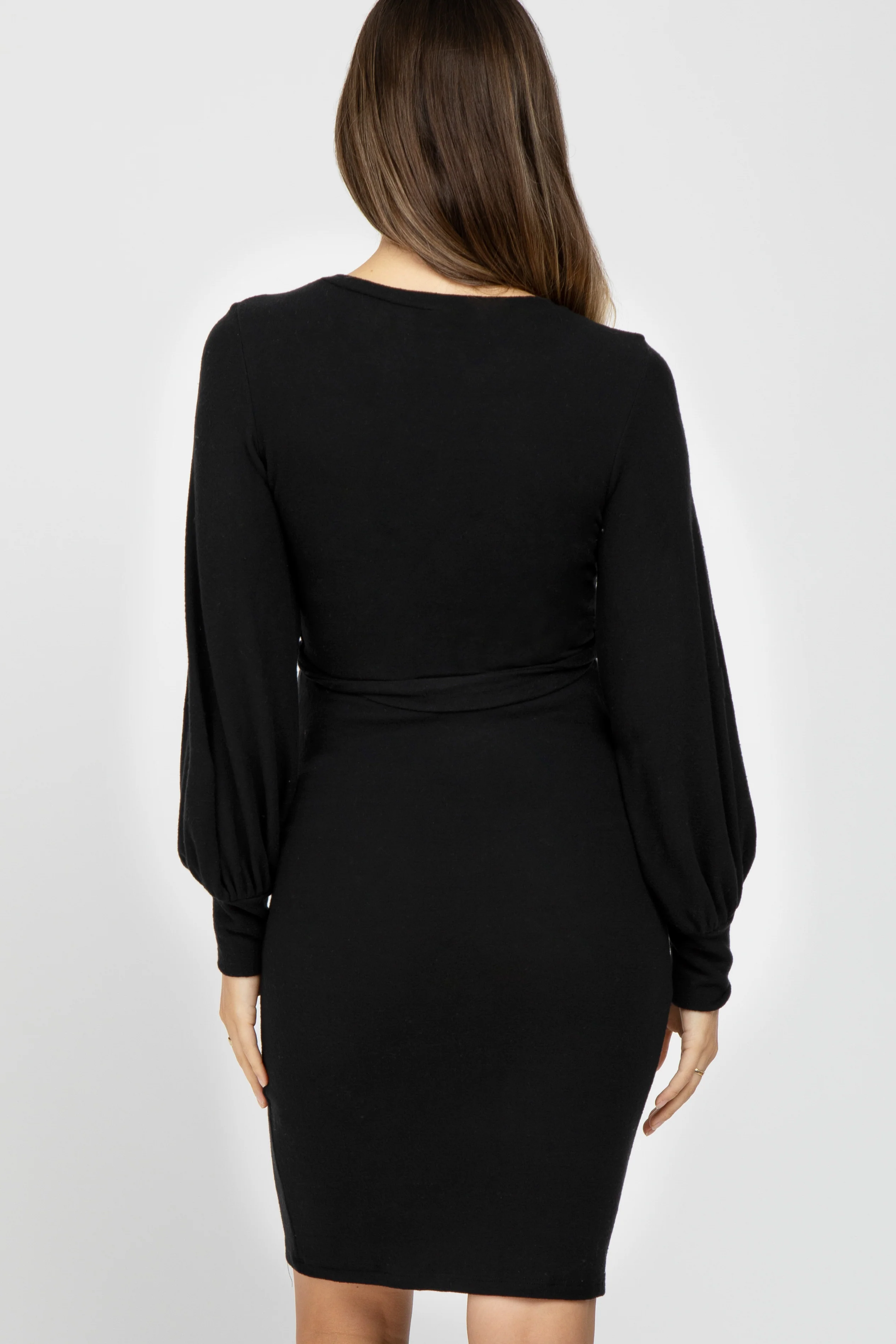 Black Soft Brushed Waist Tie Bubble Sleeve Maternity Dress - Image 4