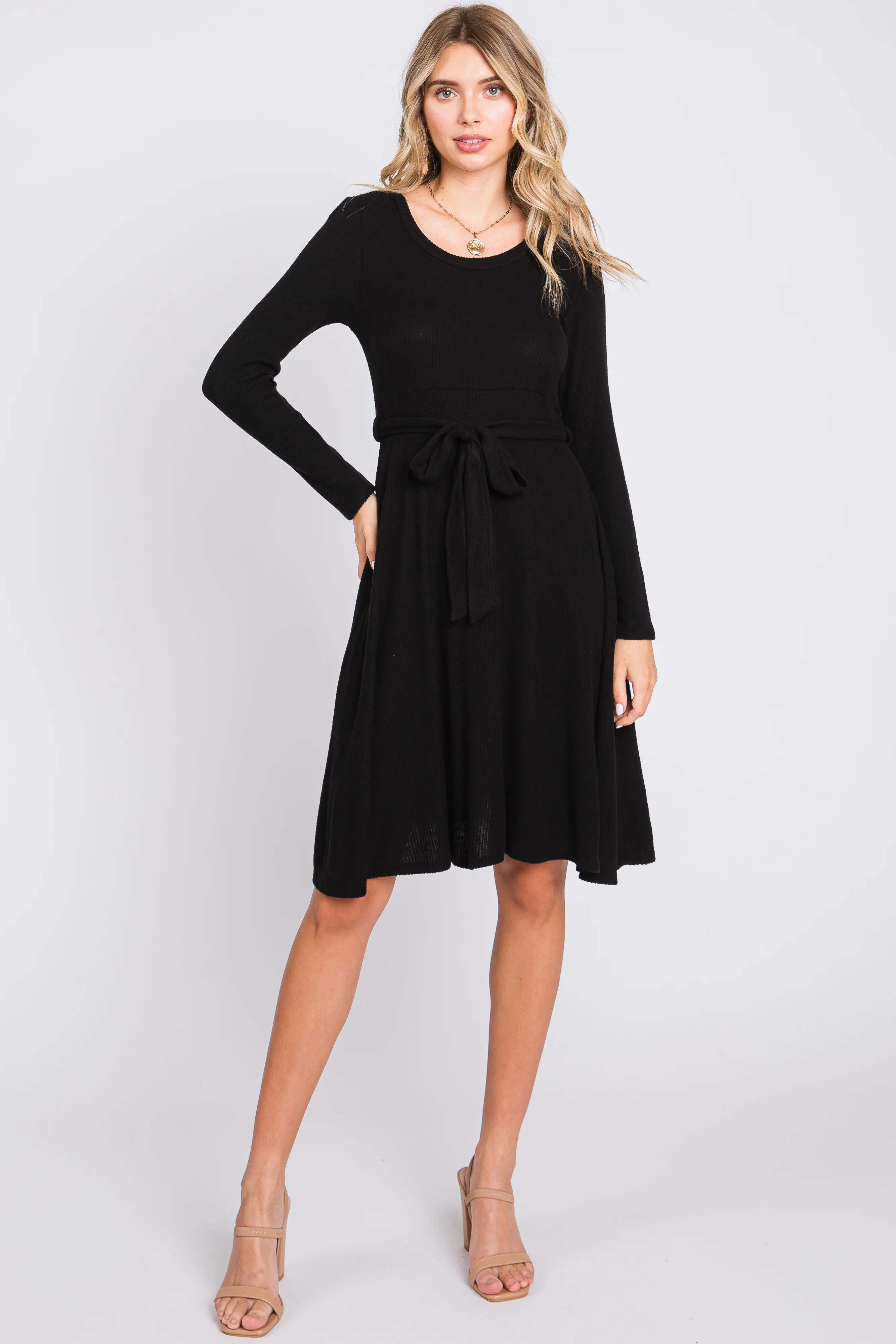 Black Soft Rib Knit Sash Tie Maternity Dress - Image 6