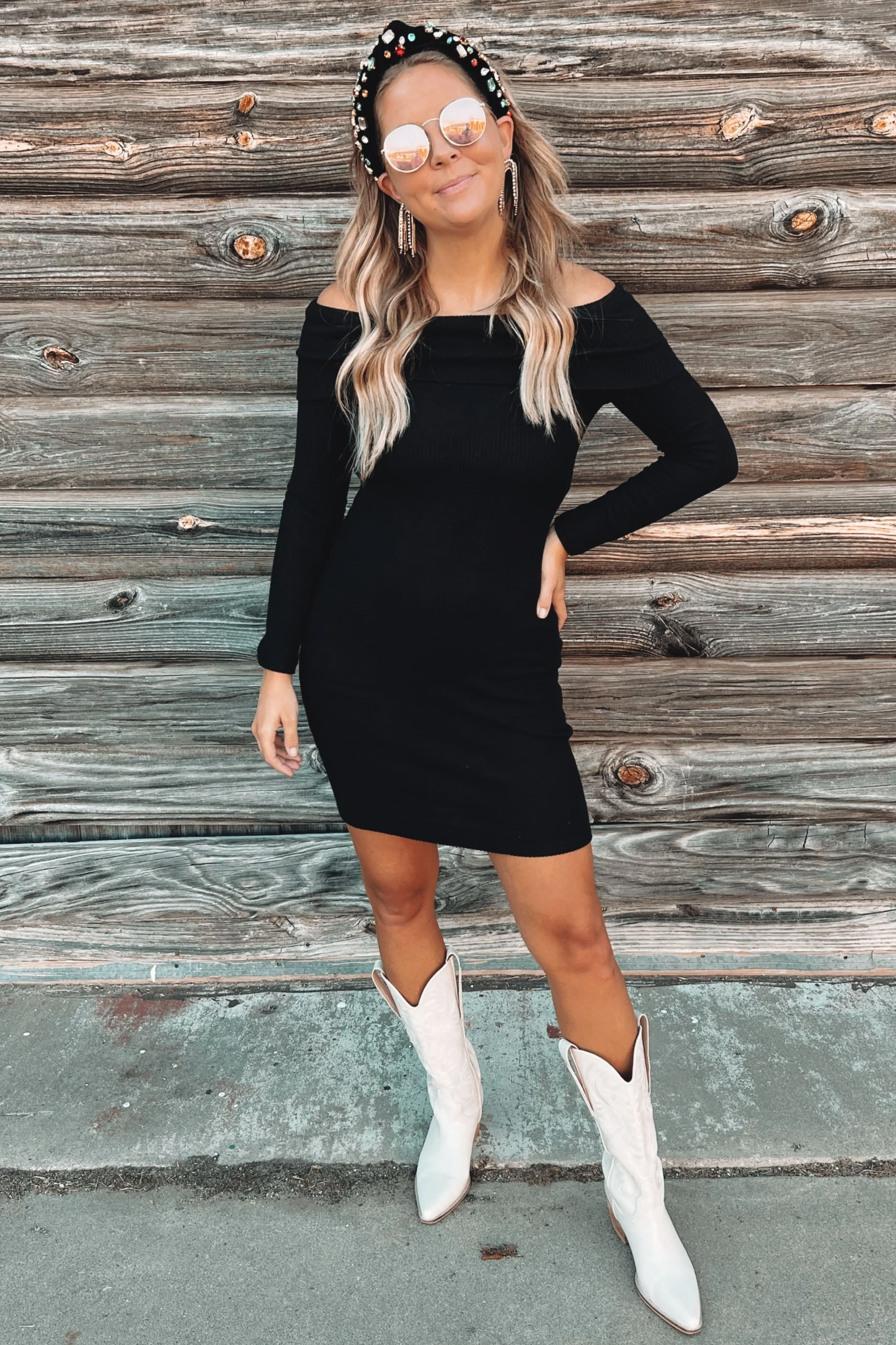 Black Soft Ribbed Folded Neck Off Shoulder Dress - Image 4