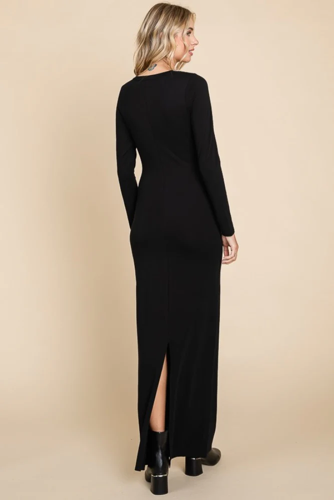Black Solid Long Sleeve Scoop Neck Maxi Dress - Image 3