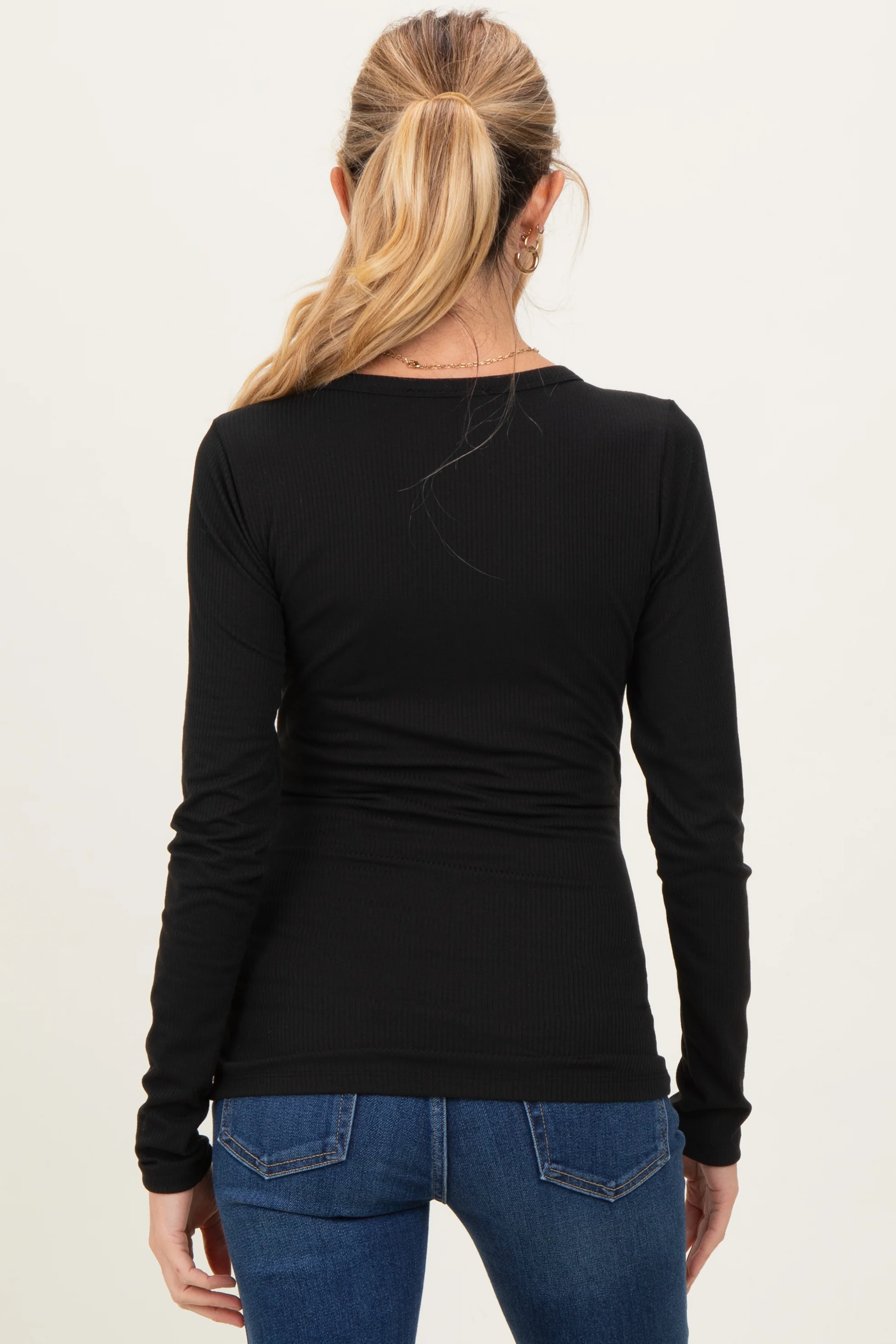Black Solid Ribbed Long Sleeve Button Down Maternity Tunic Top - Image 4