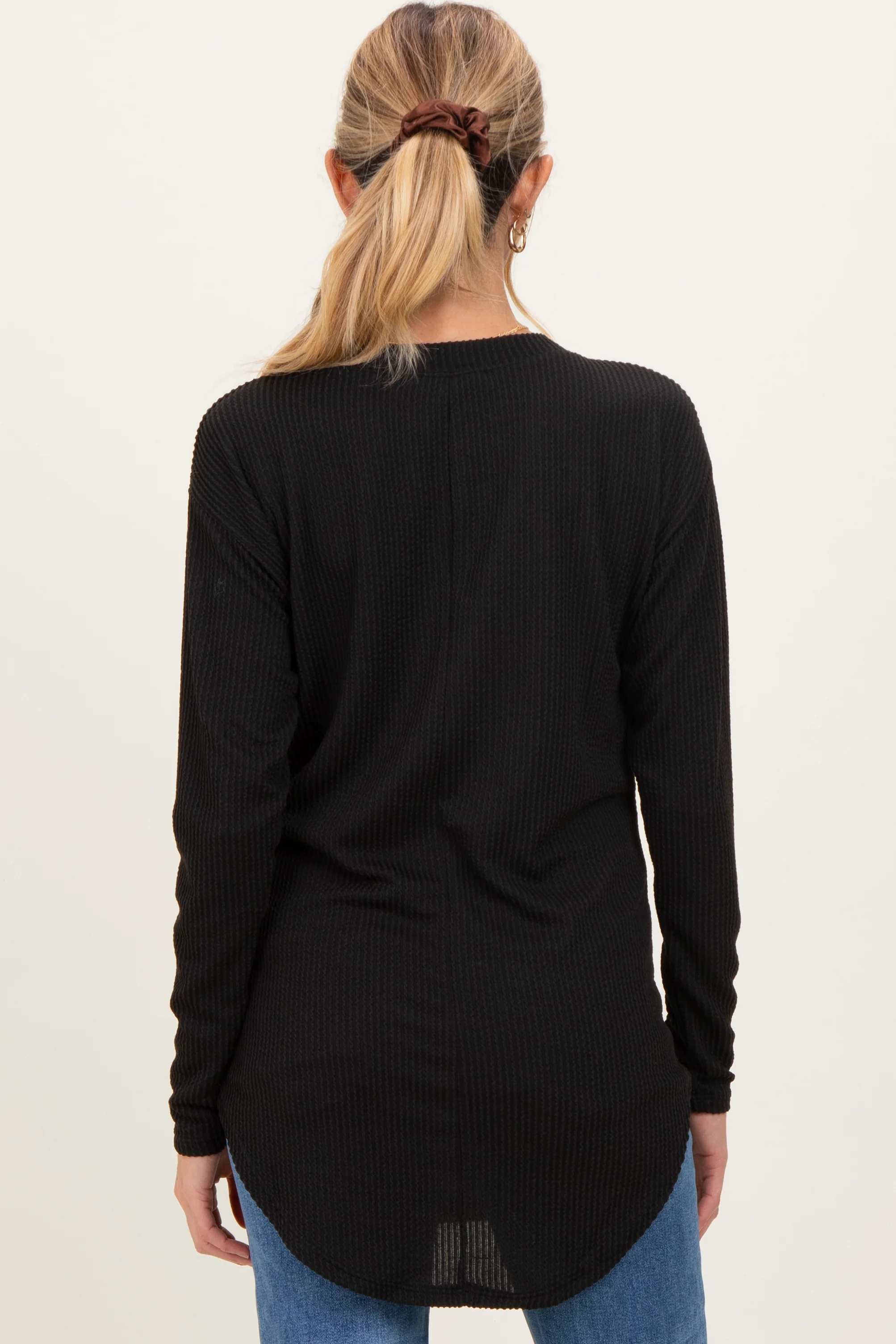 Black Solid Ribbed Long Sleeve Maternity Tunic Top - Image 4