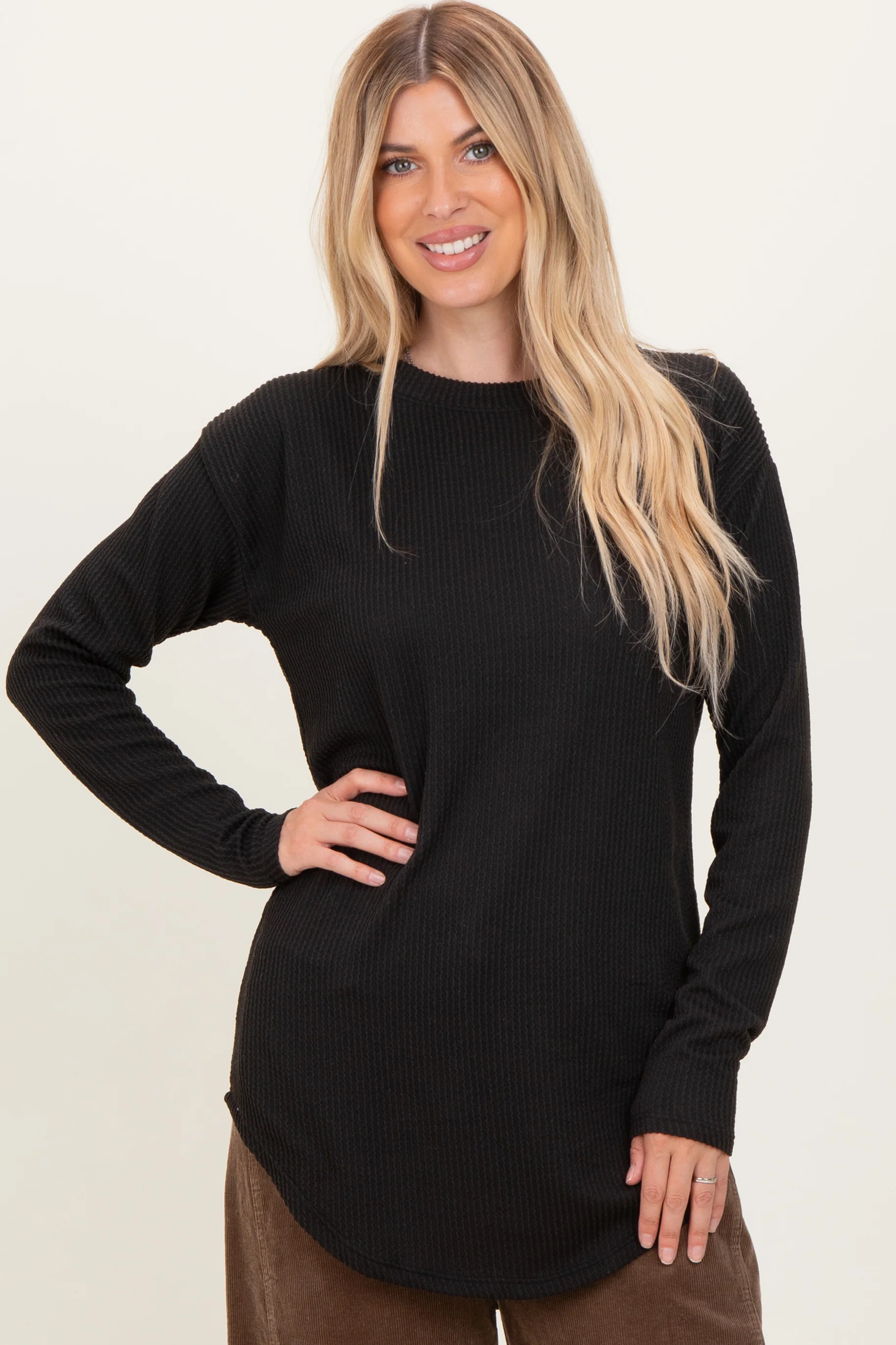 Black Solid Ribbed Long Sleeve Maternity Tunic Top - Image 5