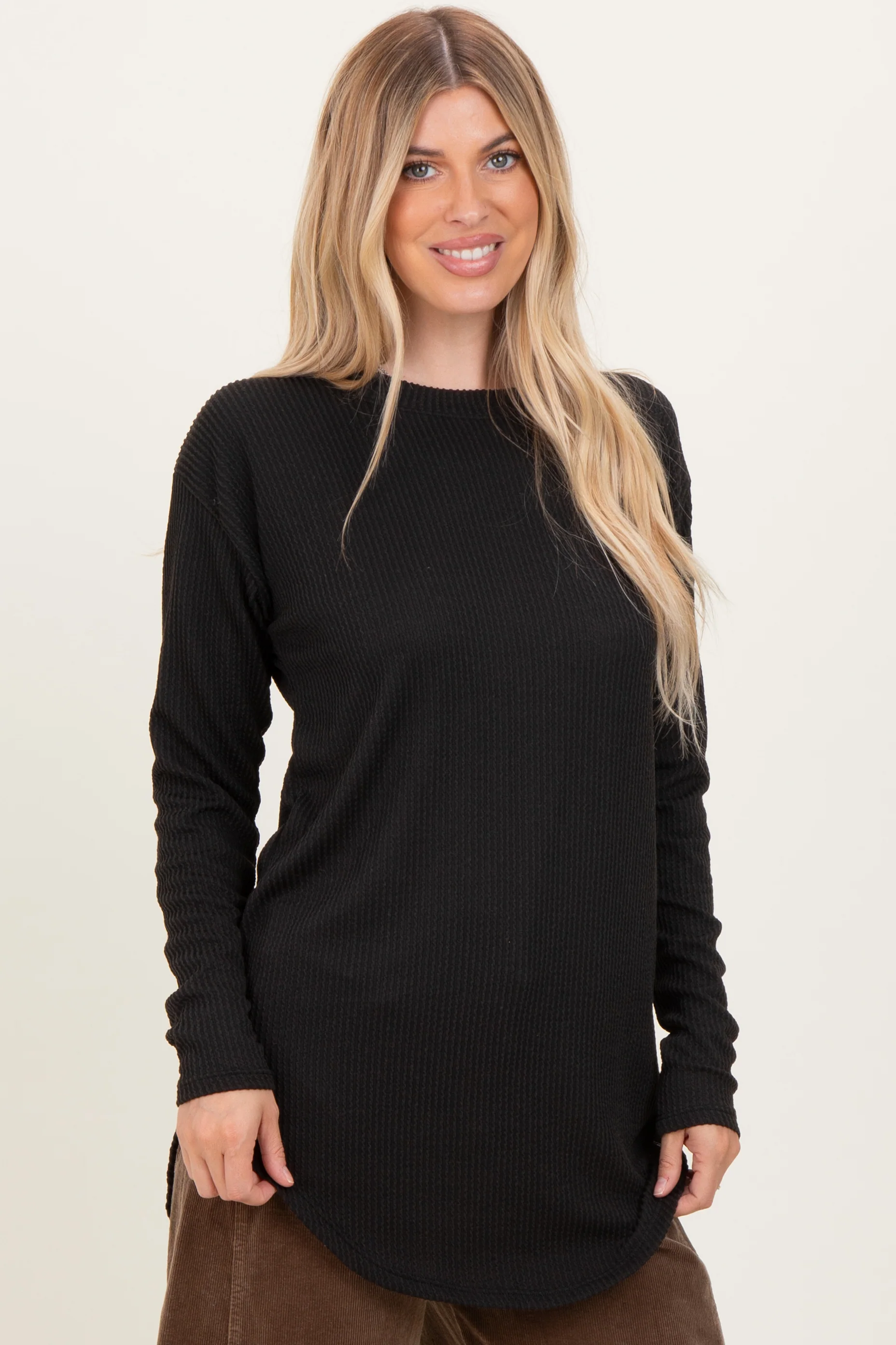 Black Solid Ribbed Long Sleeve Tunic Top - Image 3