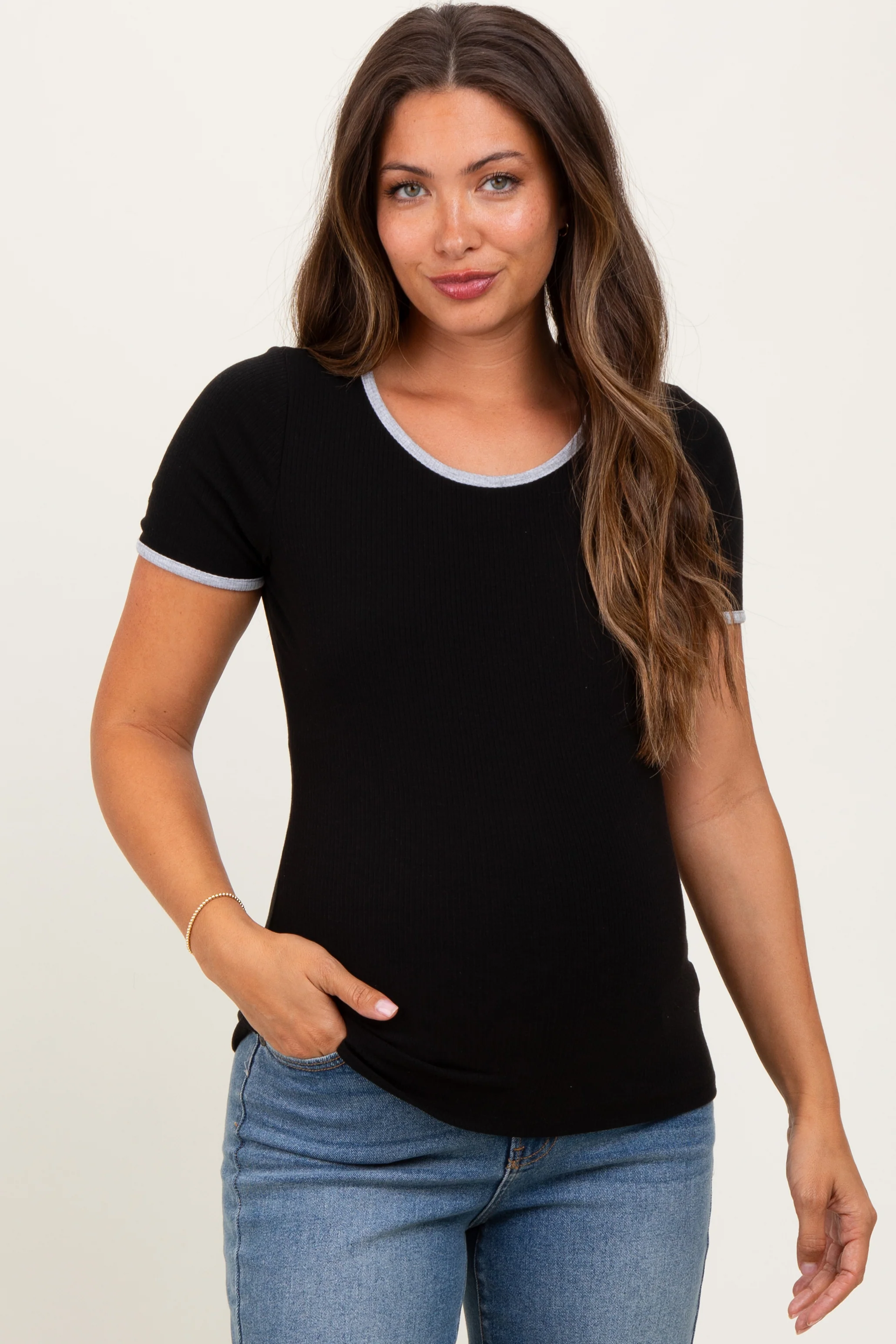 Black Solid Ribbed Short Sleeve Basic Maternity Top - Image 2