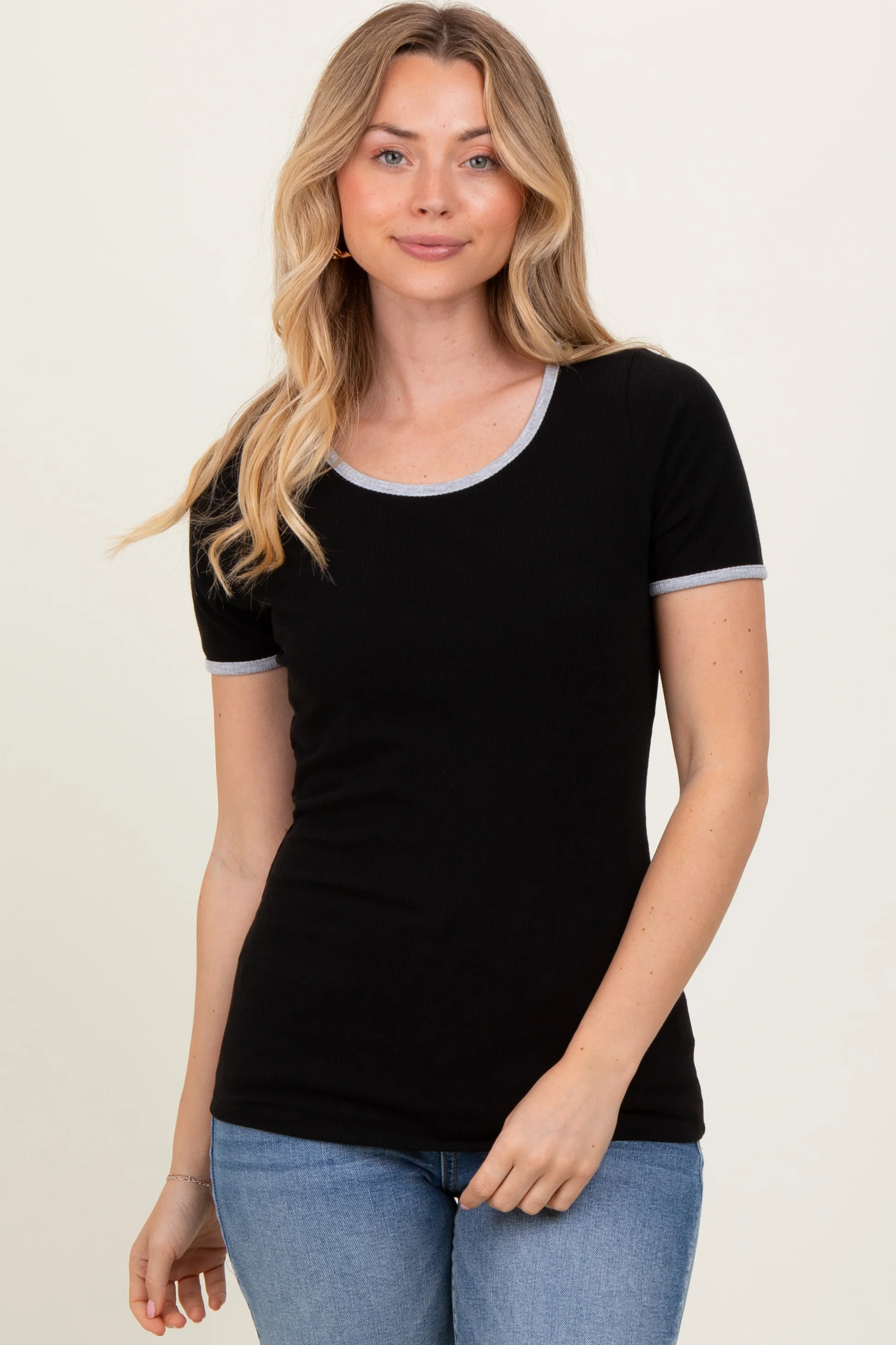 Black Solid Ribbed Short Sleeve Basic Maternity Top - Image 5