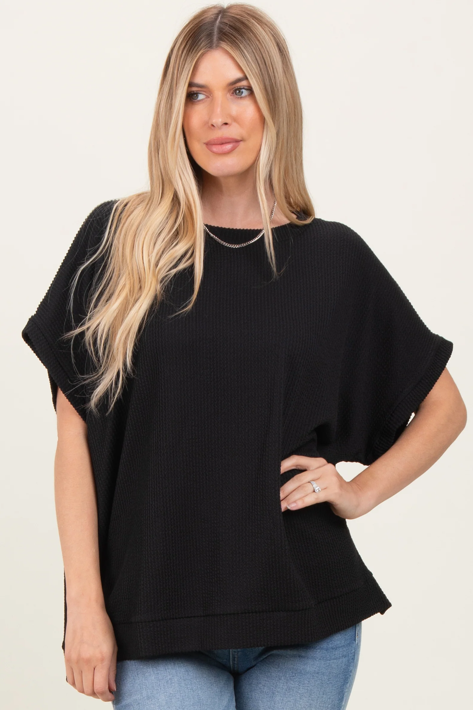 Black Solid Ribbed Short Sleeve Oversized Tunic Top - Image 2