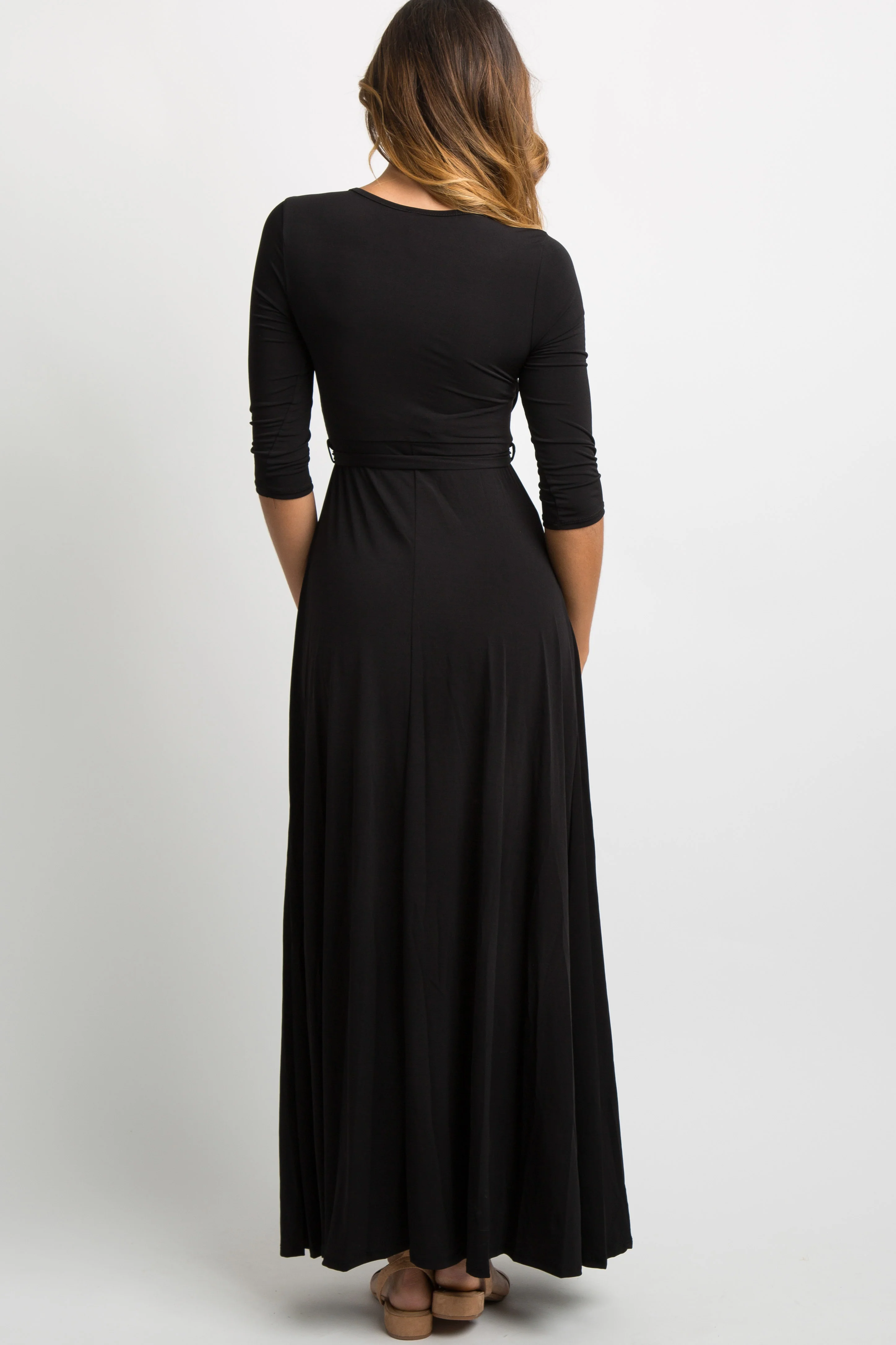 Black Solid Sash Tie Maxi Dress - Image 3
