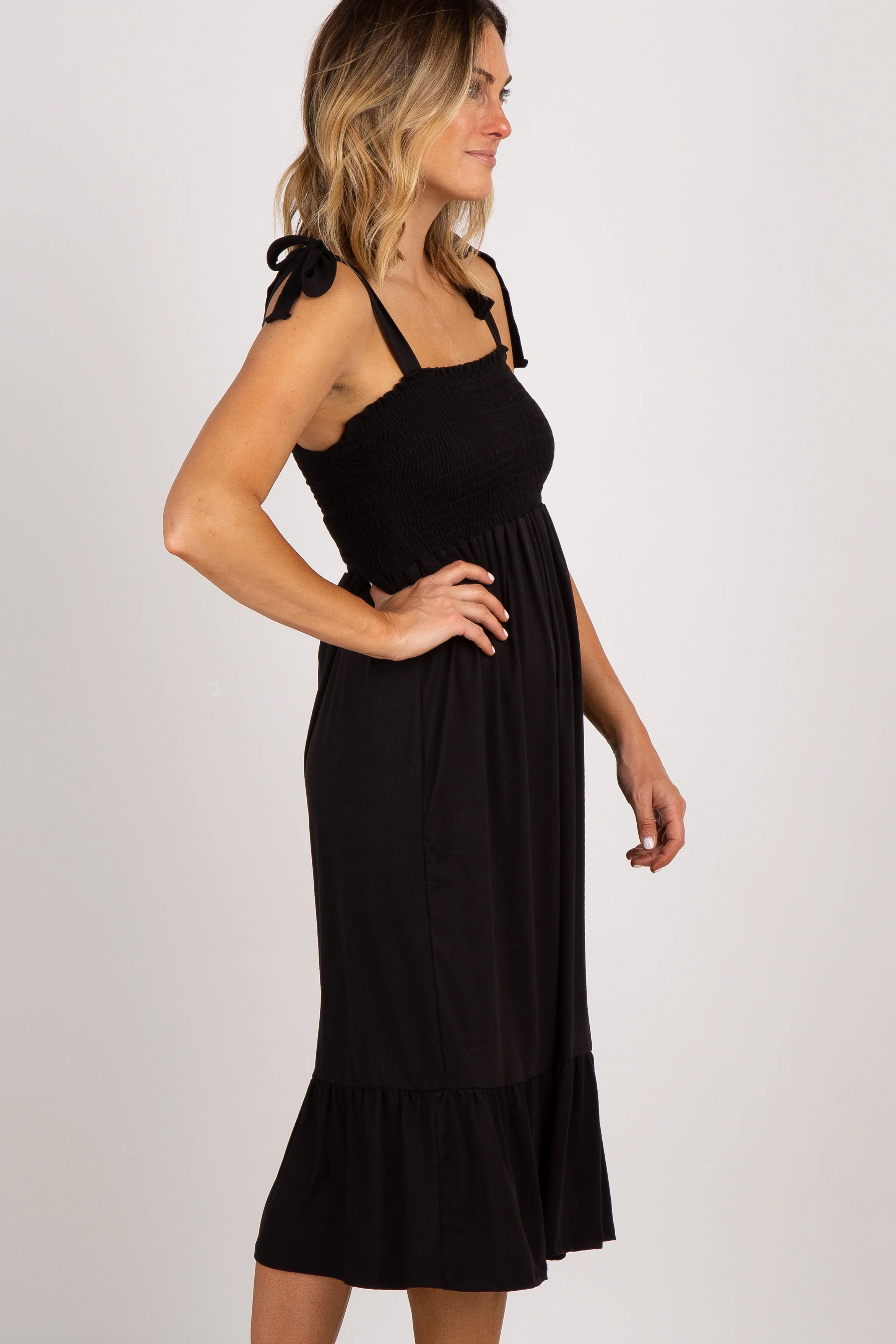 Black Solid Self-Tie Smocked Midi Dress - Image 3