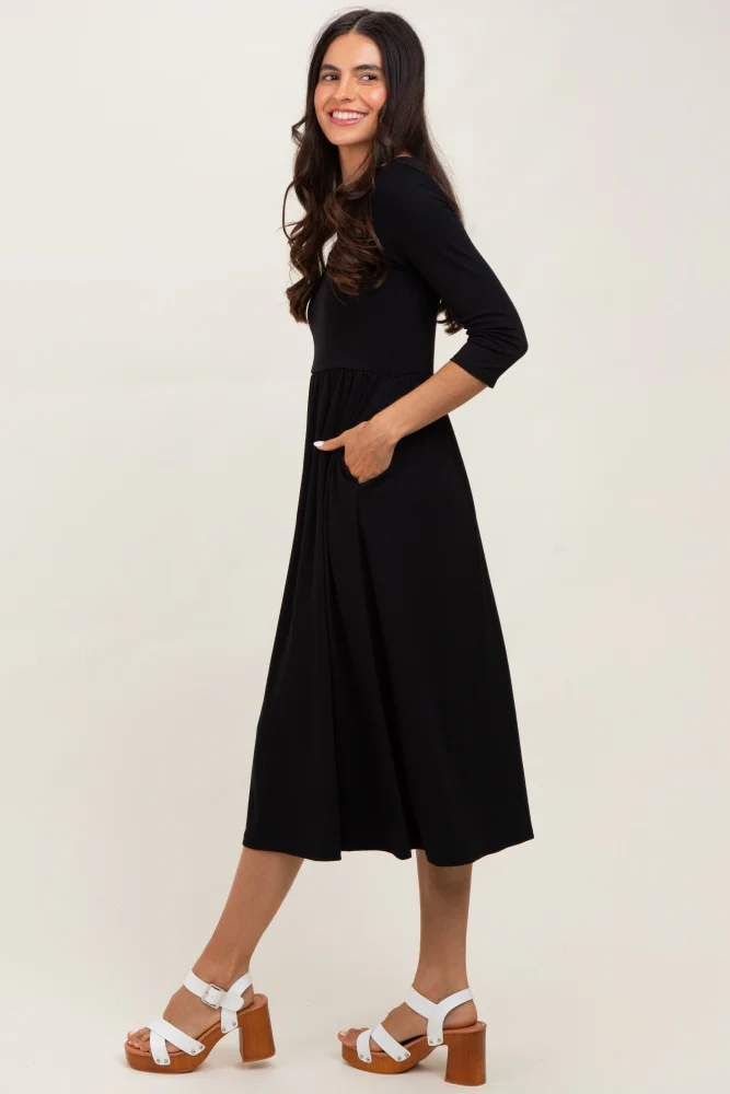 Black Square Neck 3/4 Sleeve Midi Dress - Image 3