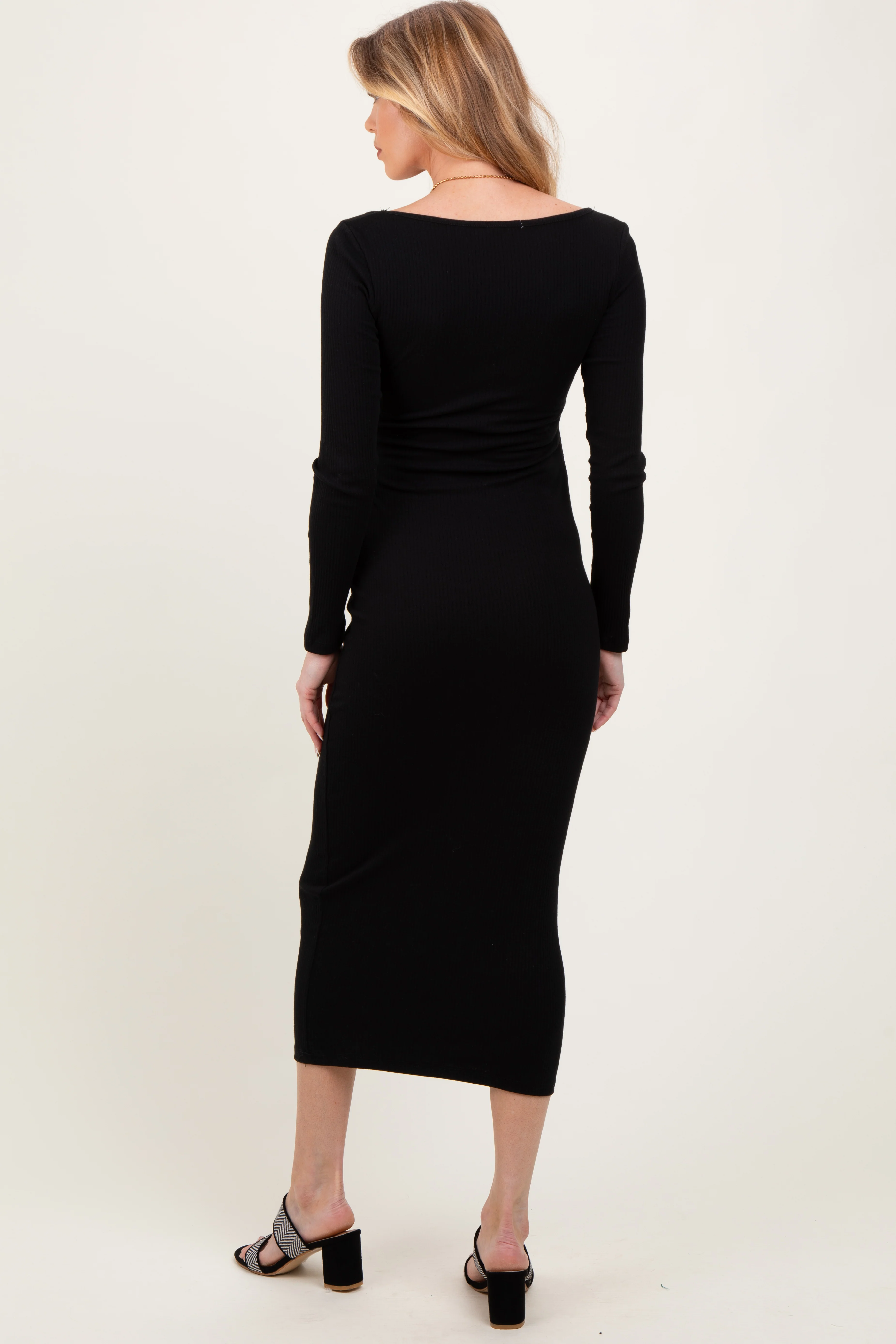 Black Square Neck Rib Long Sleeve Maternity Maxi Dress - Image 3