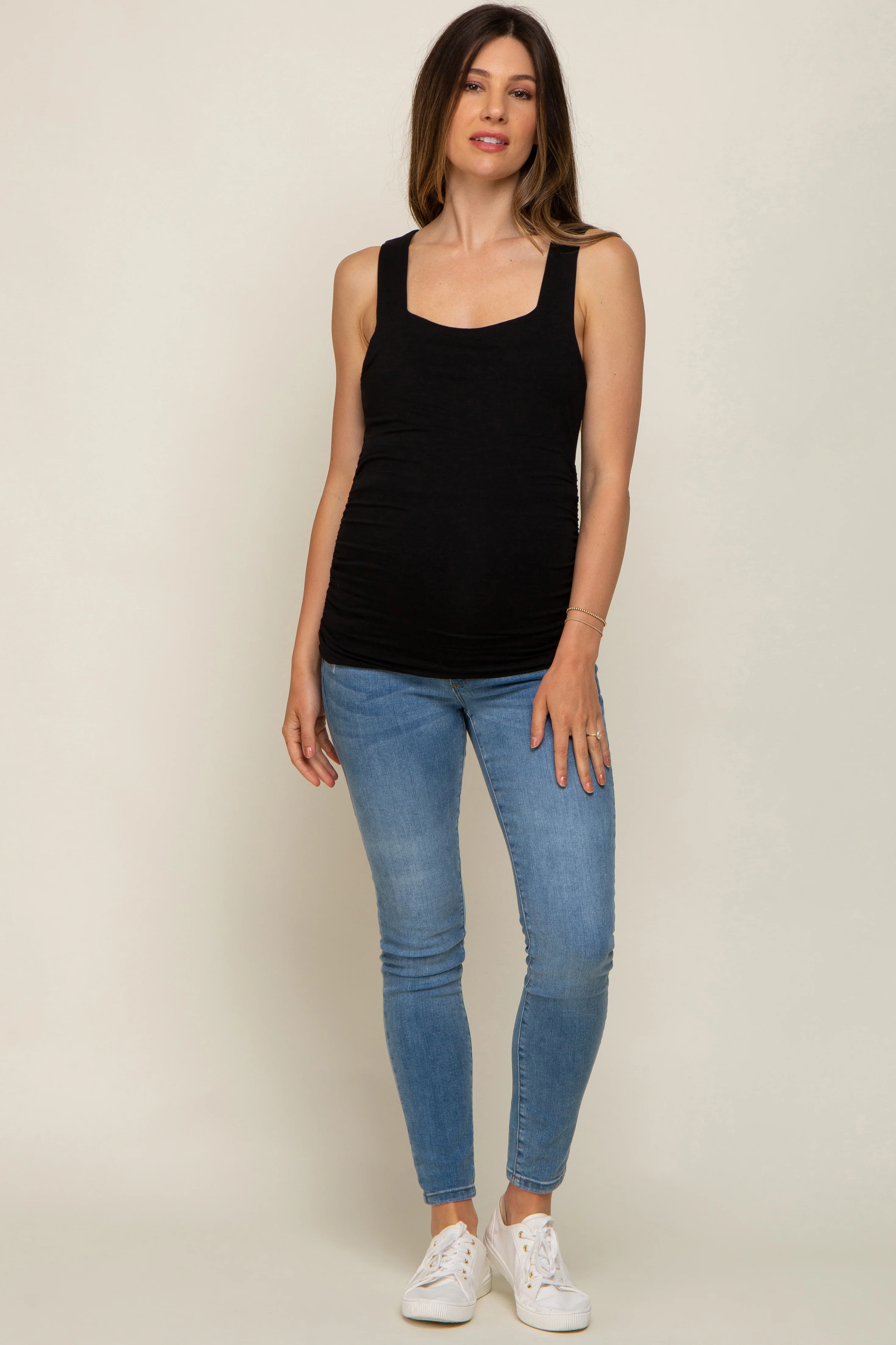 Black Square Neck Ruched Sides Maternity Top - Image 4