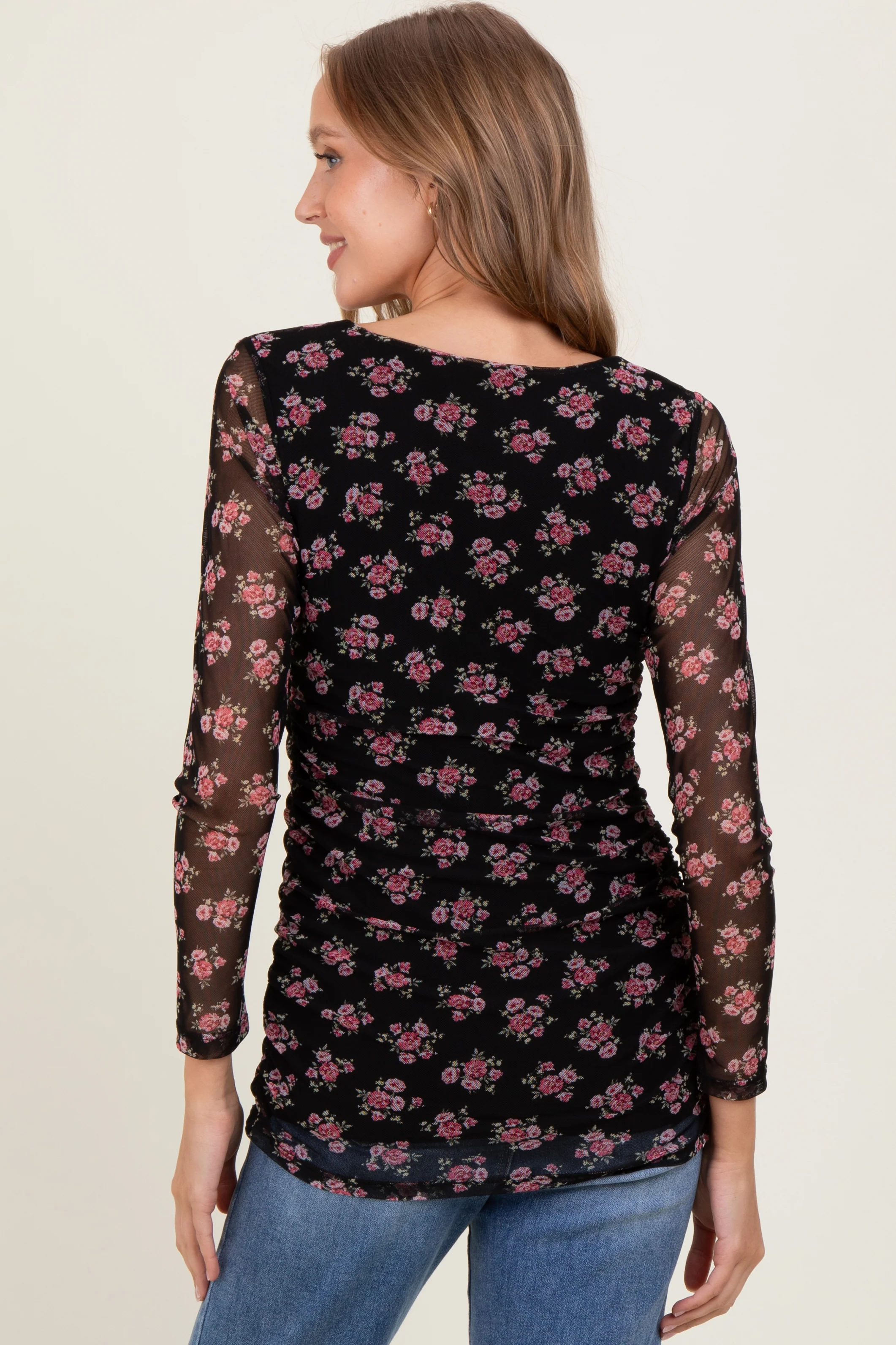Black Square Neck Sheer Sleeve Floral Top - Image 3