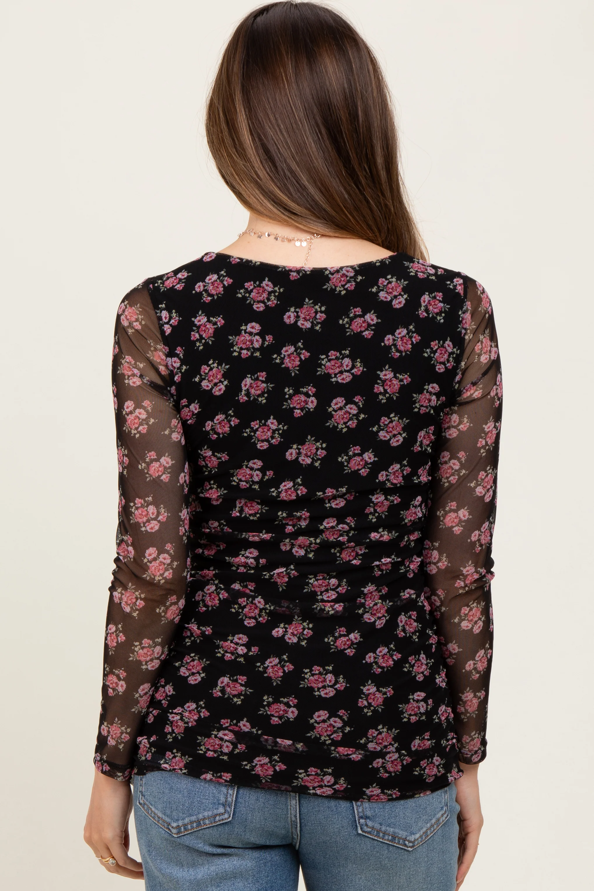 Black Square Neck Sheer Sleeve Maternity Floral Top - Image 5