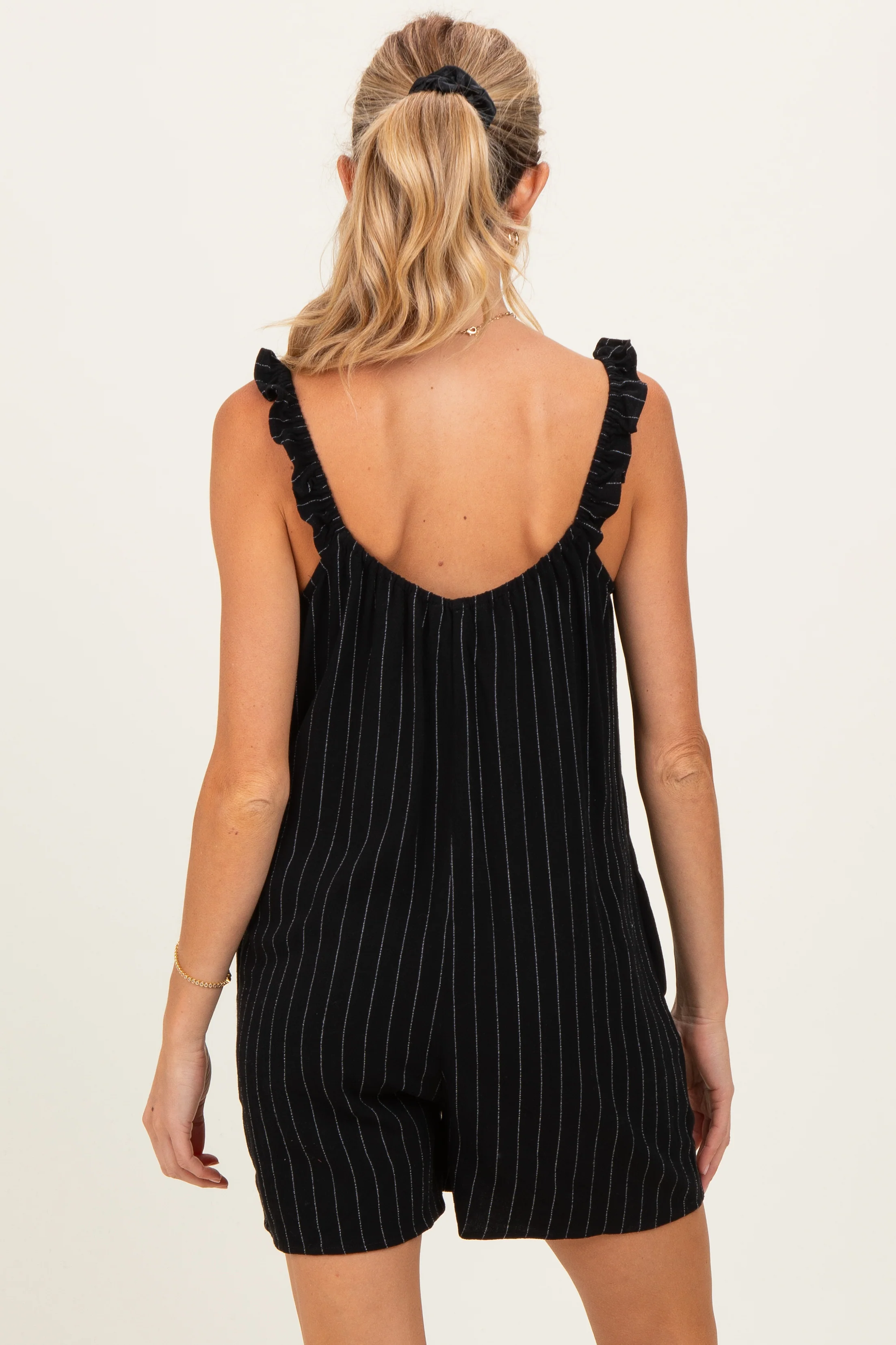 Black Stripe Front Tie Linen Blend Maternity Romper - Image 4