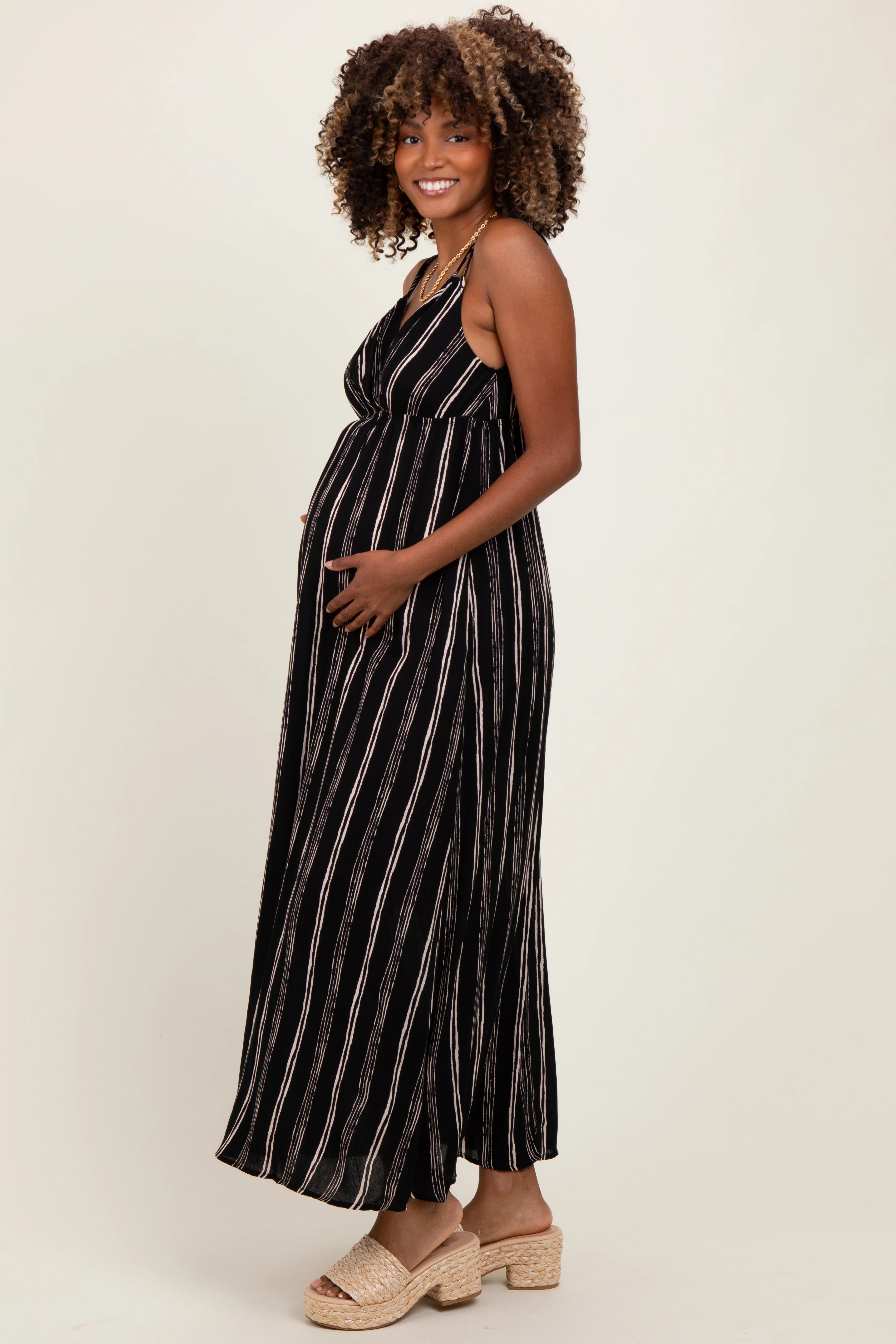 Black Striped Double Strap V-Neck Maternity Maxi Dress - Image 3