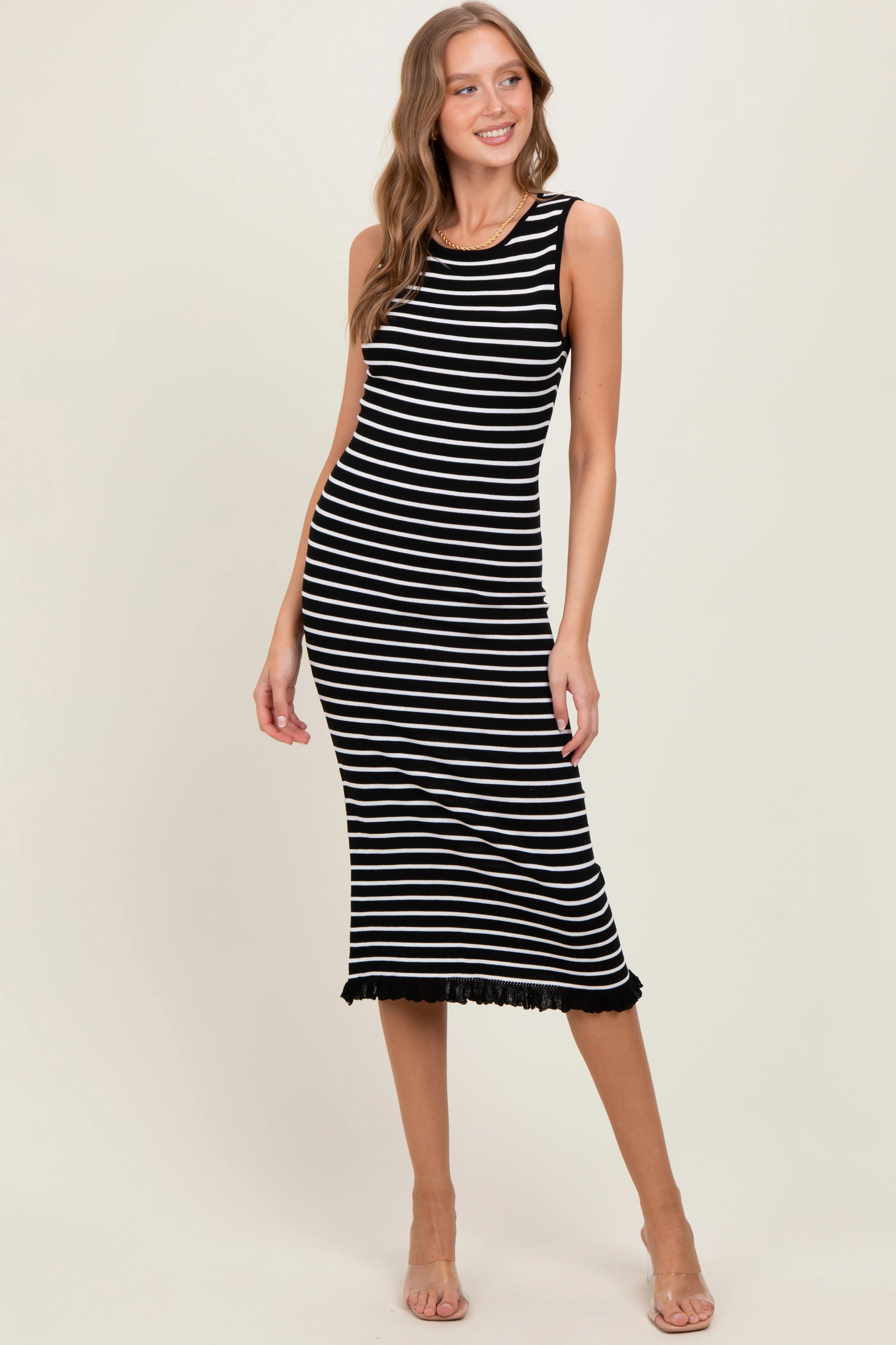 Black Striped Knit Sleeveless Ruffle Hem Maternity Midi Dress - Image 5
