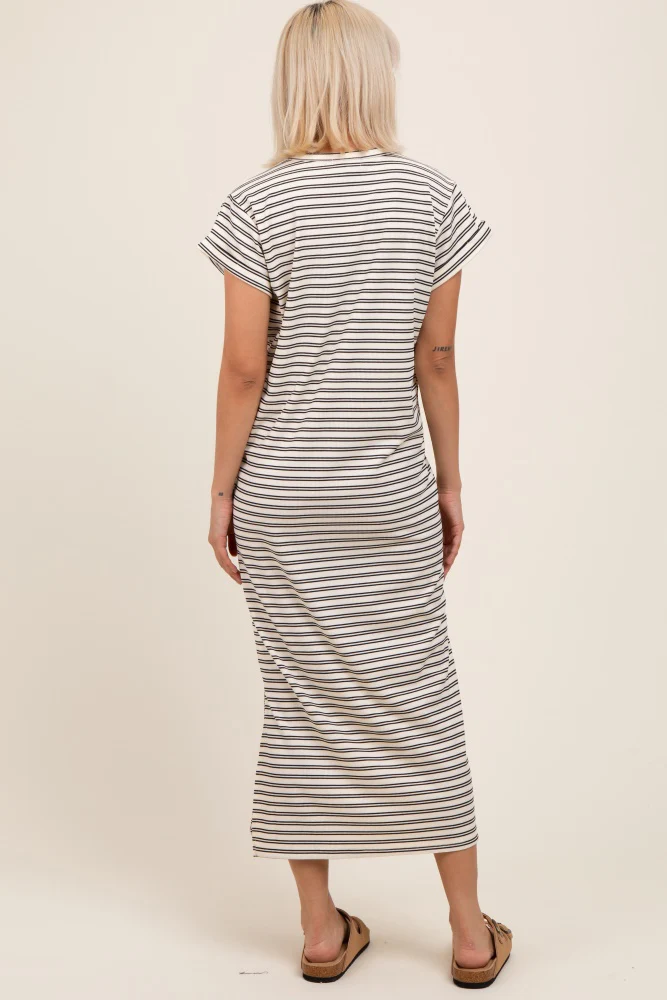 Black Striped Maternity Midi T-Shirt Dress - Image 3