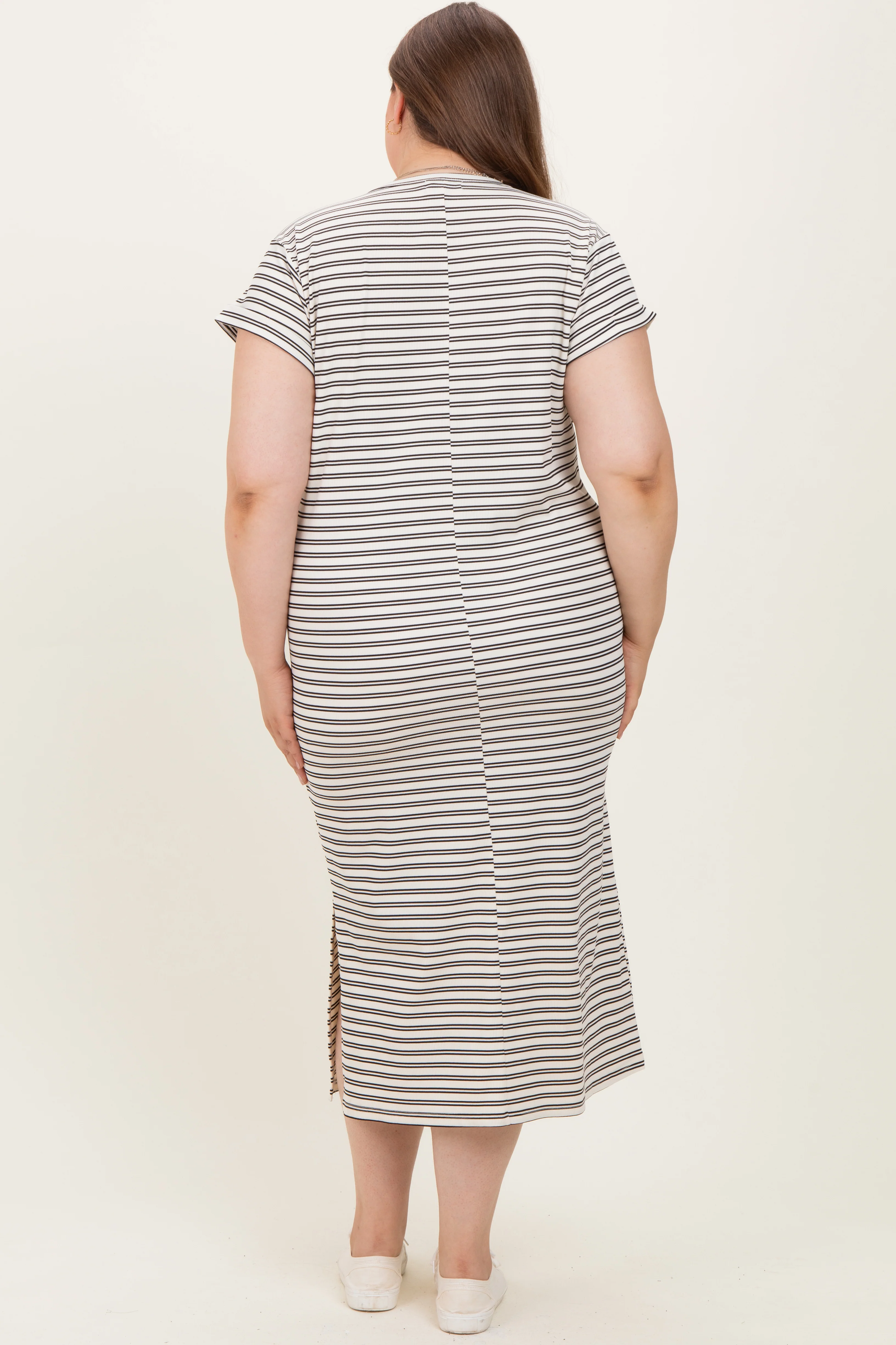 Black Striped Maternity Plus Midi T-Shirt Dress - Image 4