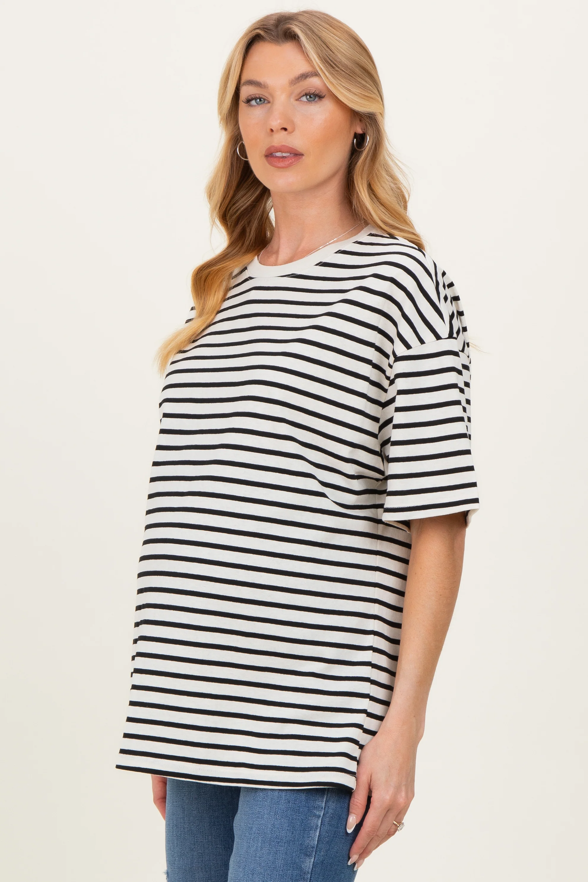 Black Striped Short Sleeve Crew Neck Oversized Cotton Maternity Top - Image 3