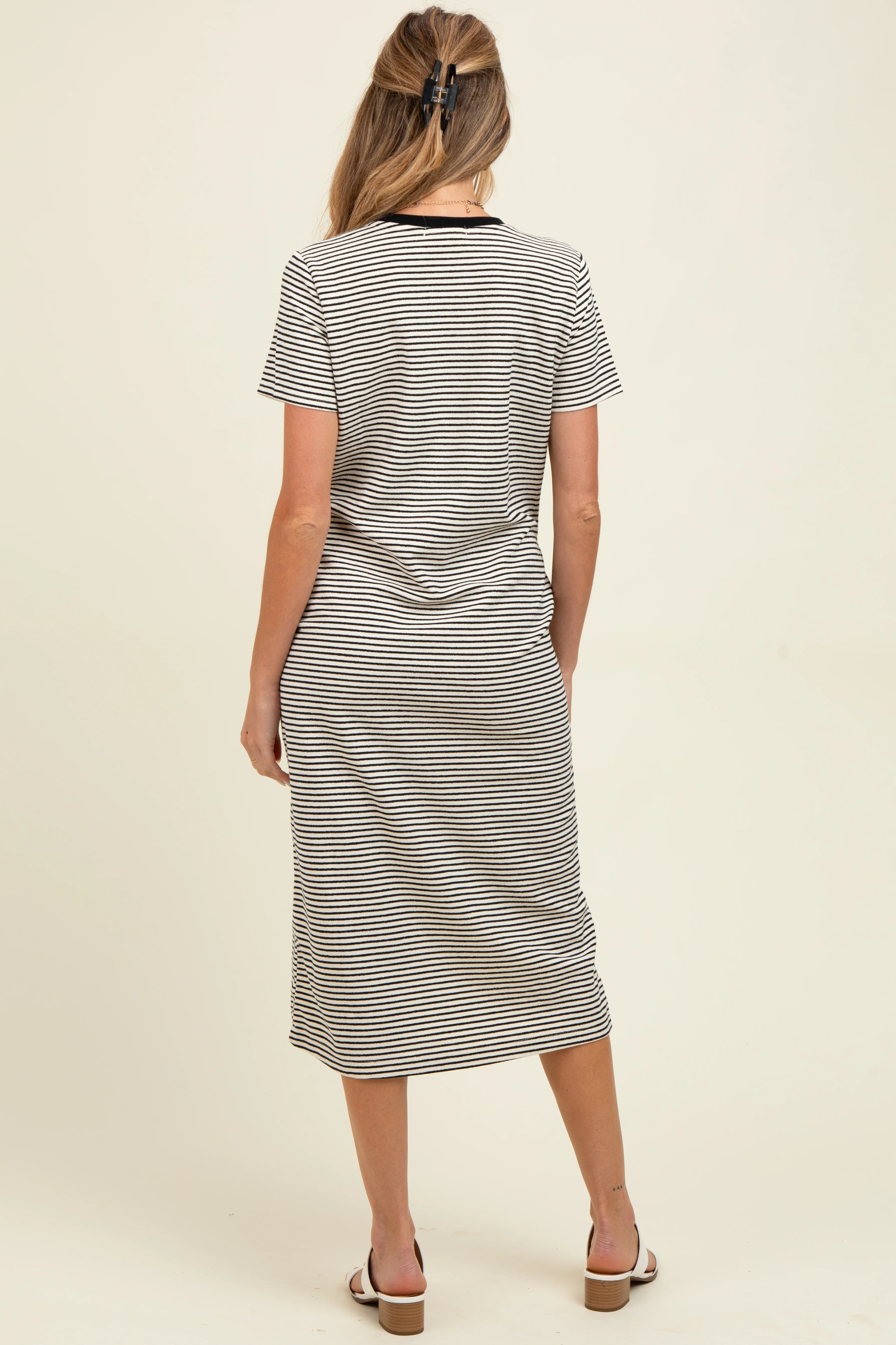 Black Striped Short Sleeve Maternity Midi T-Shirt Dress - Image 3
