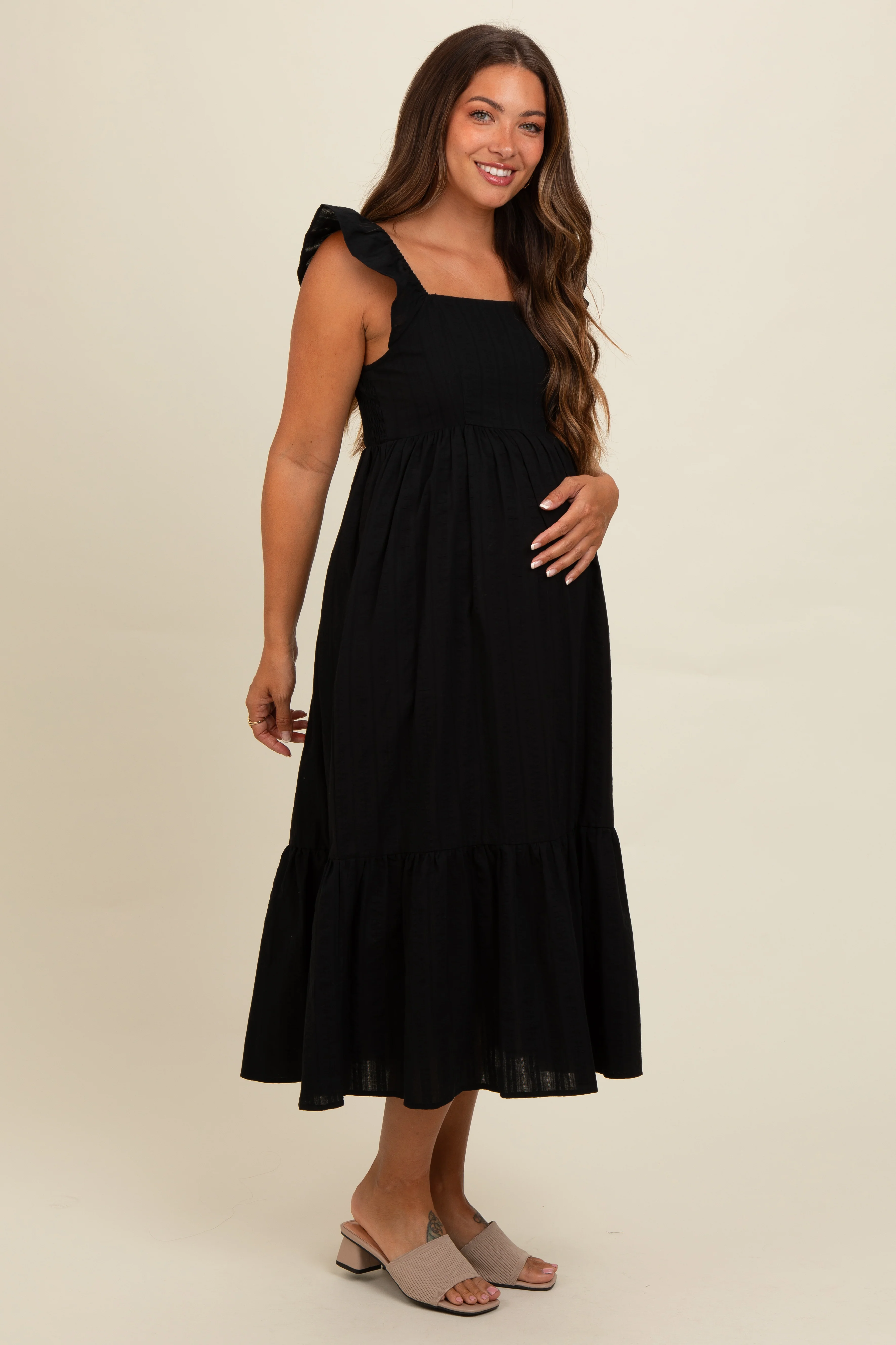 Black Textured Cotton Ruffle Strap Maternity Midi Dress - Image 3