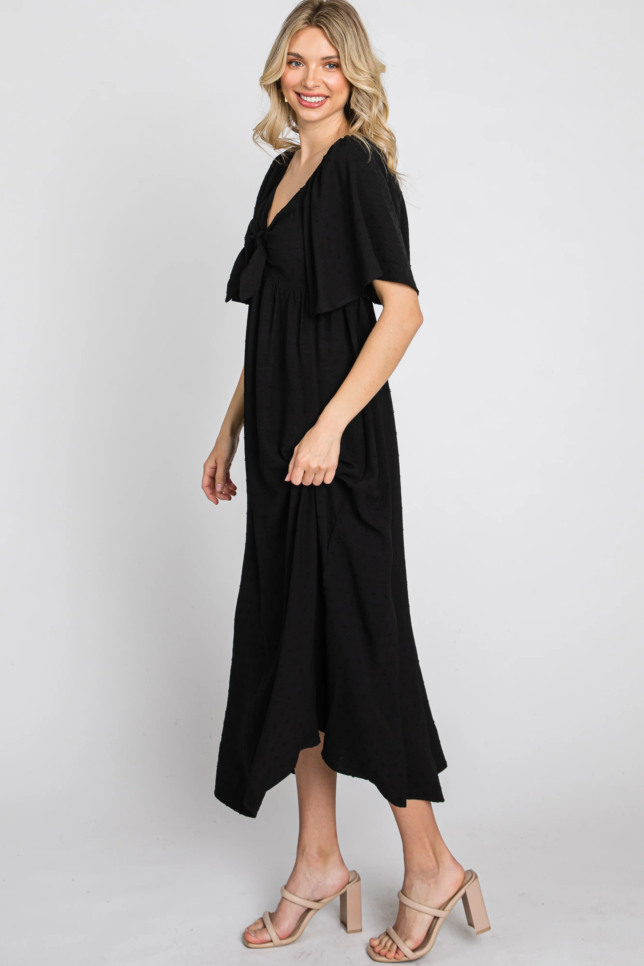 Black Textured Dot Front Tie Ruffle Sleeve Midi Dress - Image 5