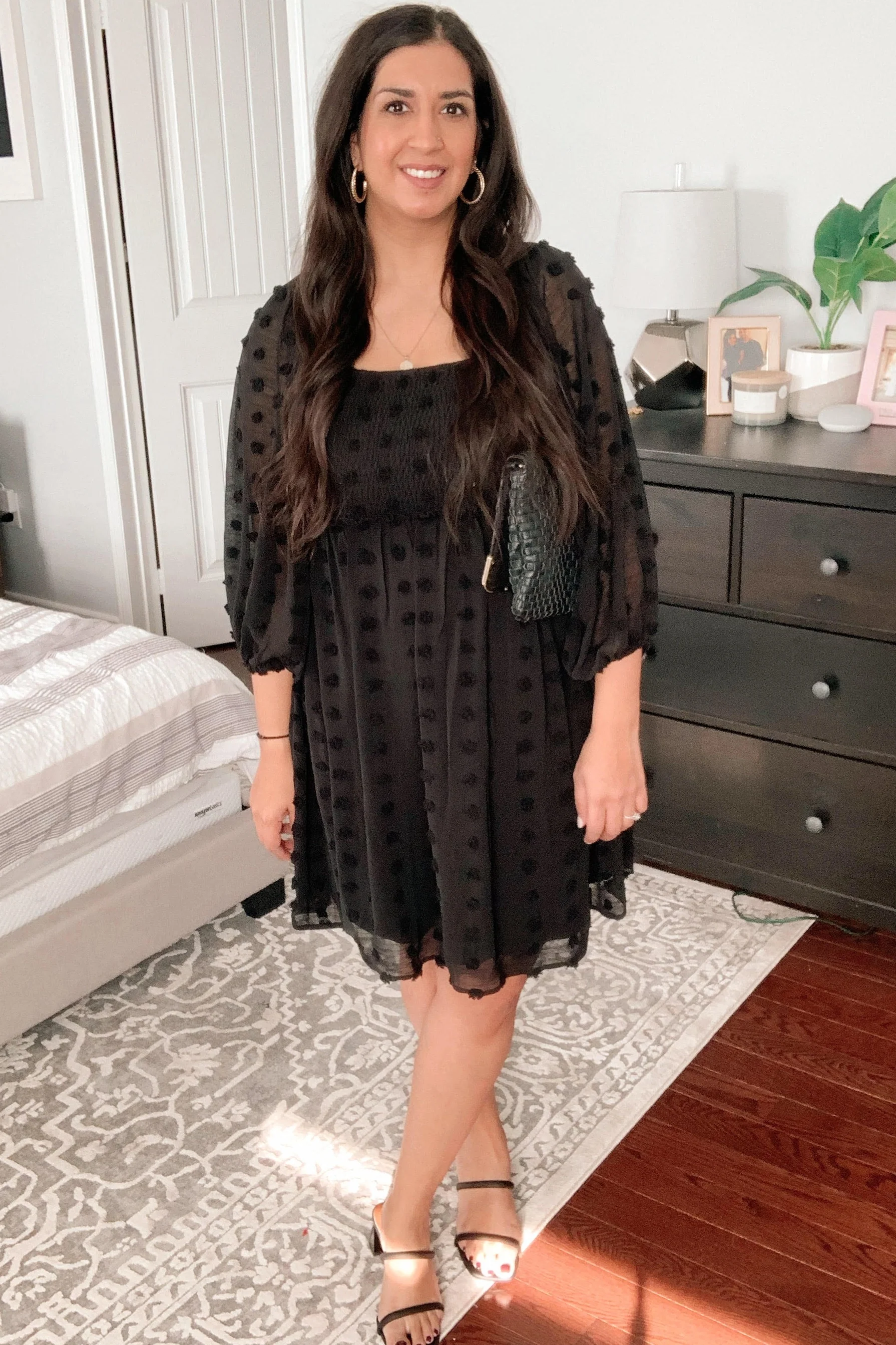 Black Textured Dot Smocked Square Neck Chiffon Dress - Image 5