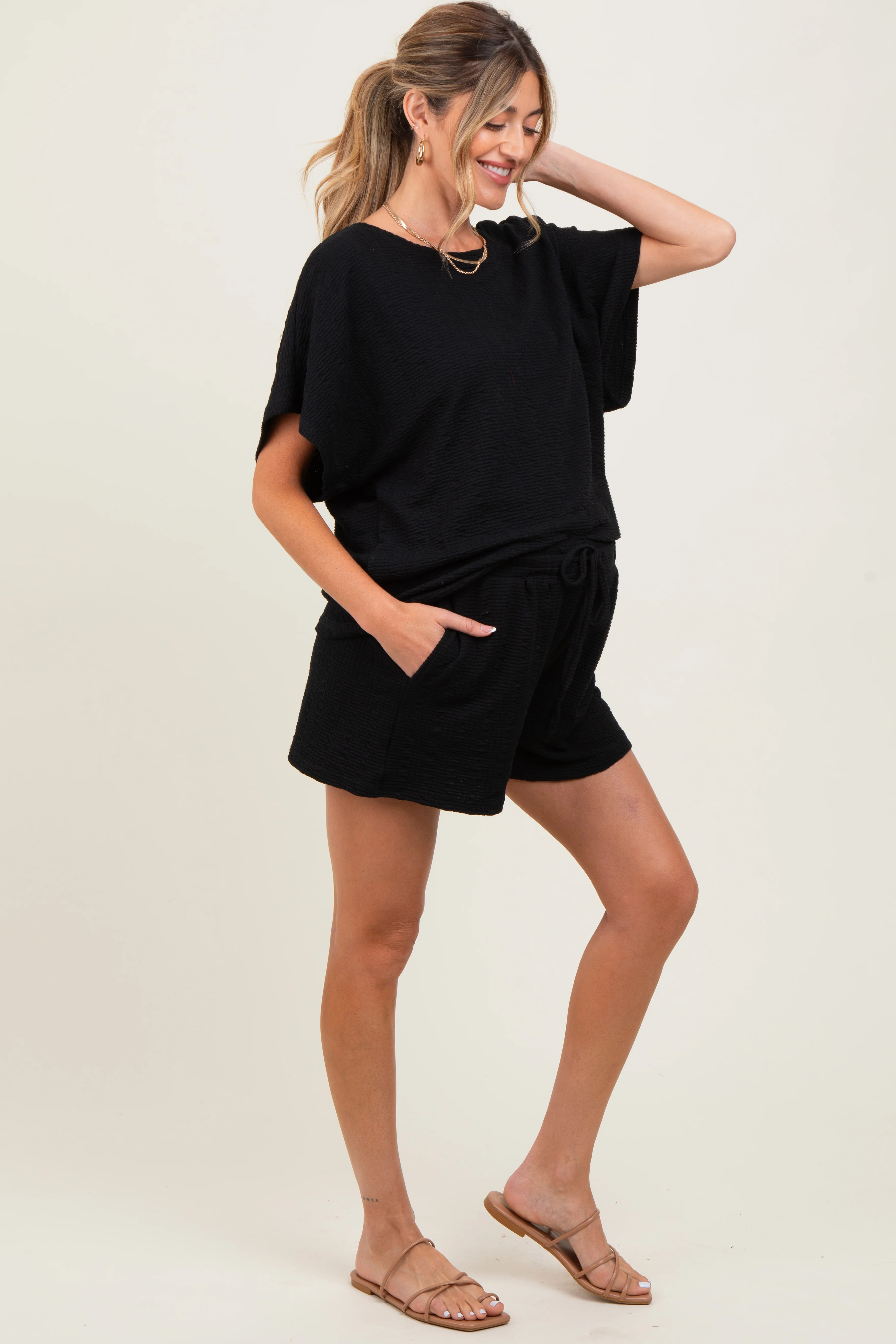 Black Textured Modal Knit Loose Fit Maternity Top & Shorts Set - Image 3