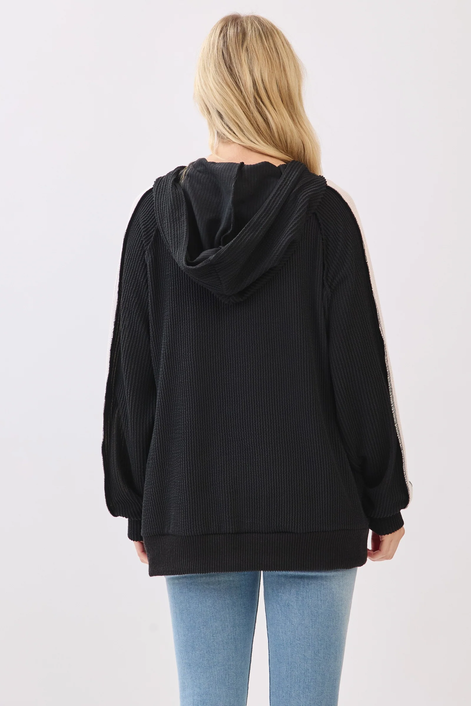Black Textured Rib Colorblock Hoodie - Image 3