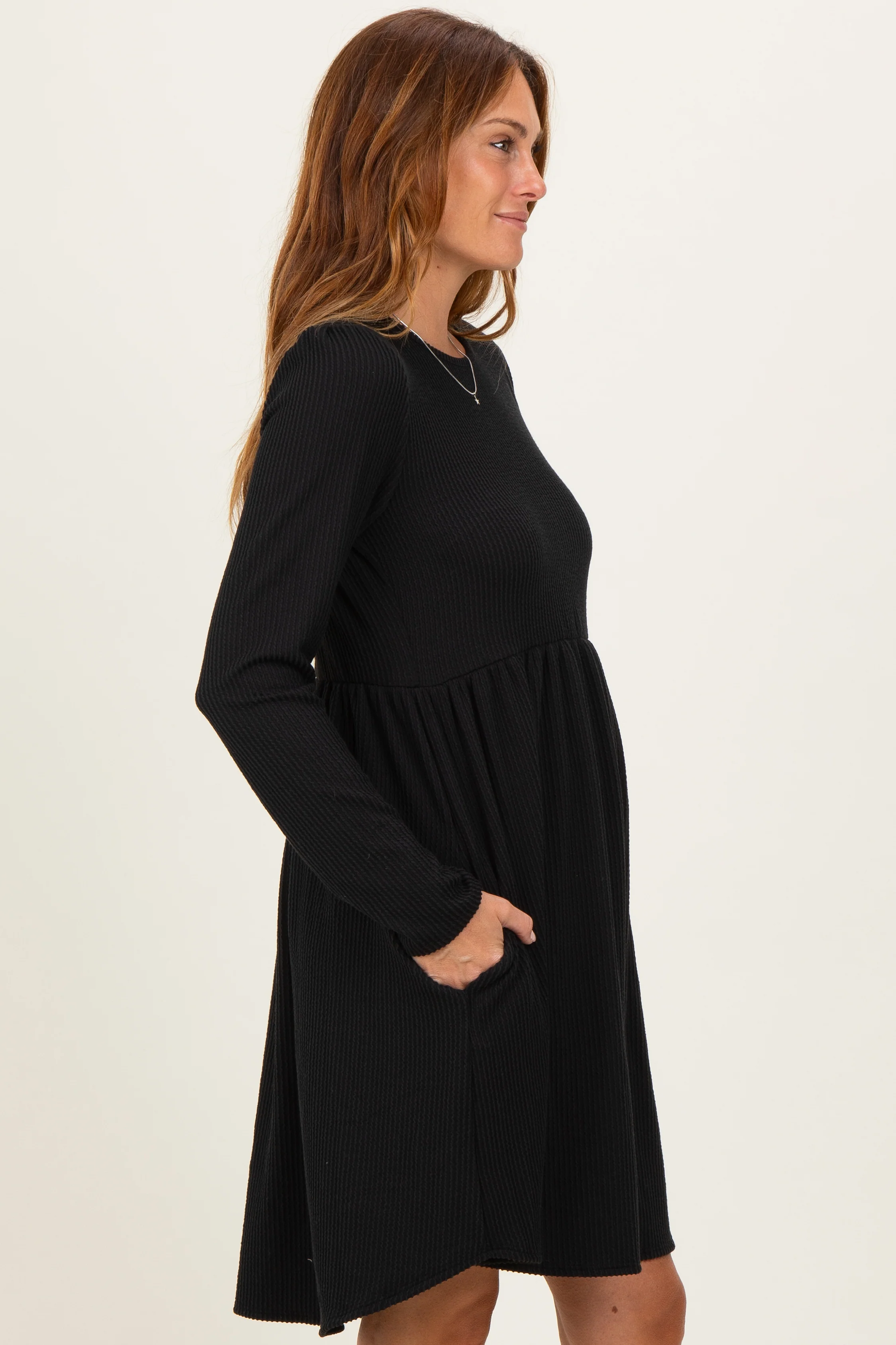 Black Textured Rib Long Sleeve Dress - Image 3