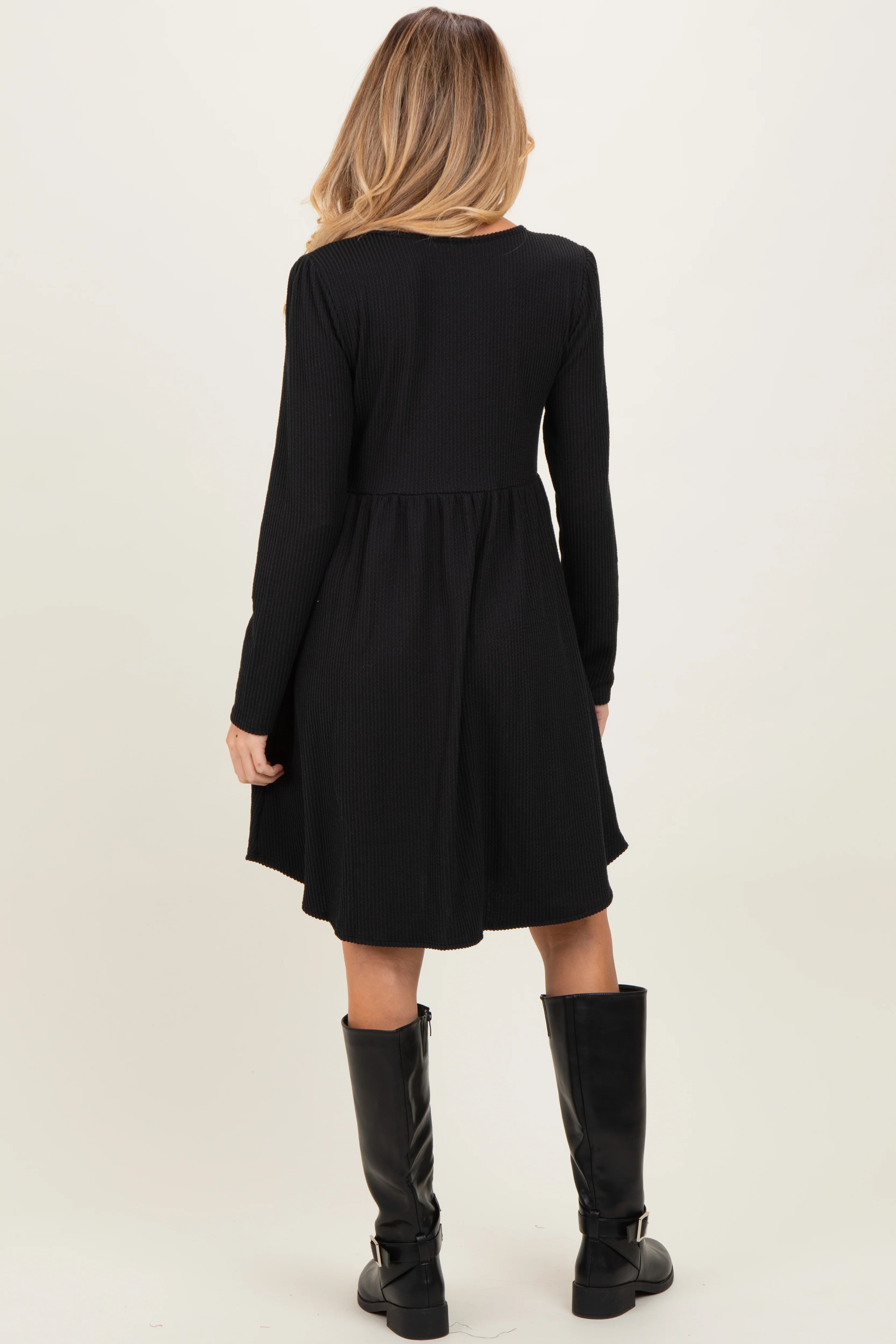 Black Textured Rib Long Sleeve Maternity Dress - Image 4