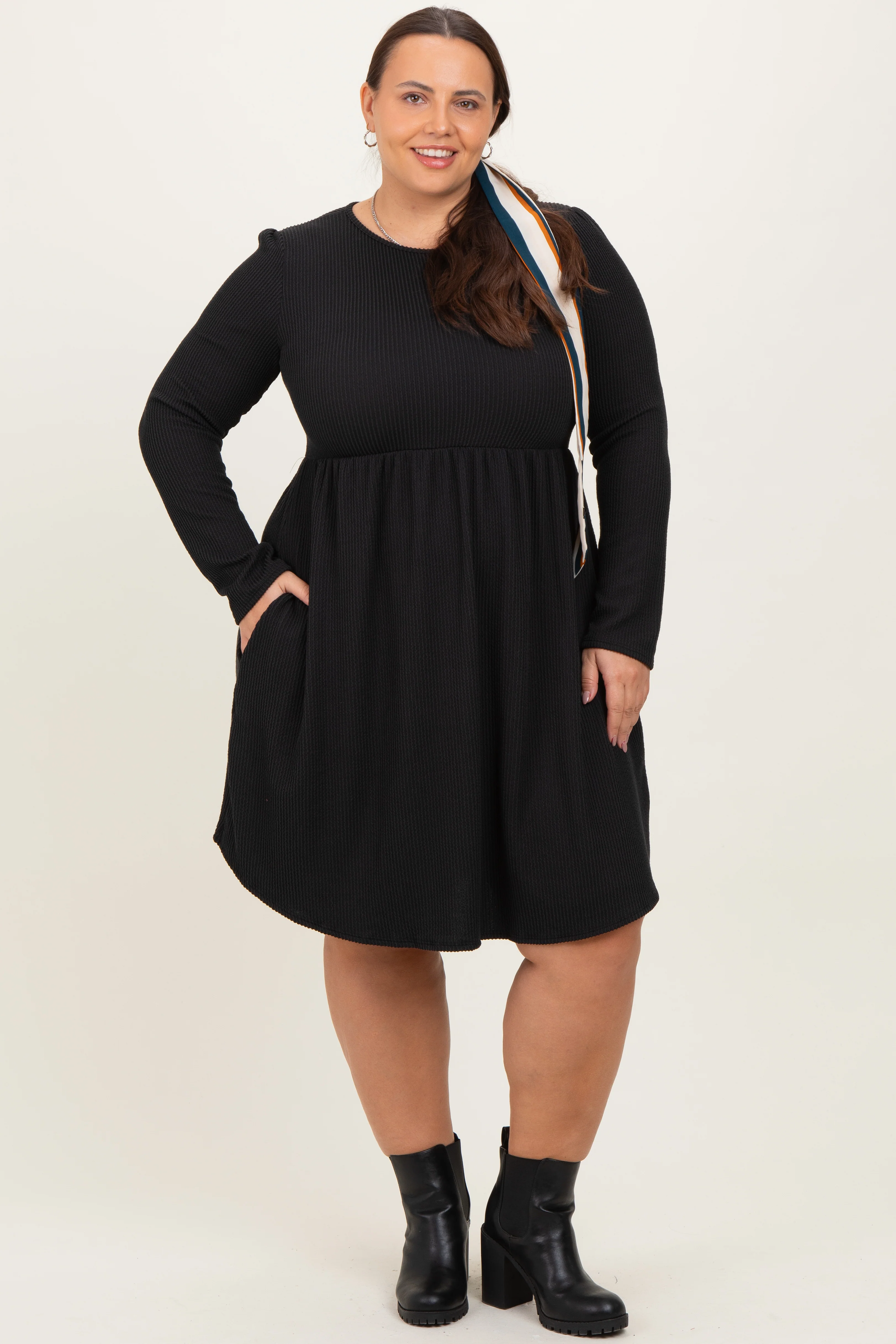 Black Textured Rib Long Sleeve Maternity Plus Dress - Image 5