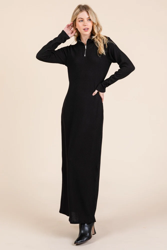 Black Textured Rib Quarter Zip Maxi Dress - Image 2
