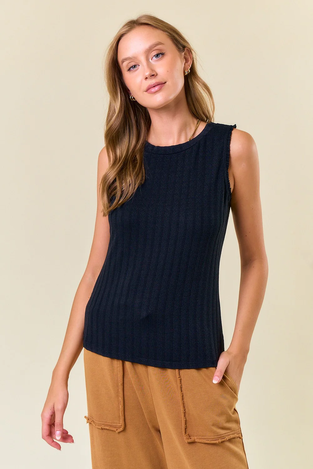 Black Textured Rib Ruffle Detail Maternity Tank Top - Image 5