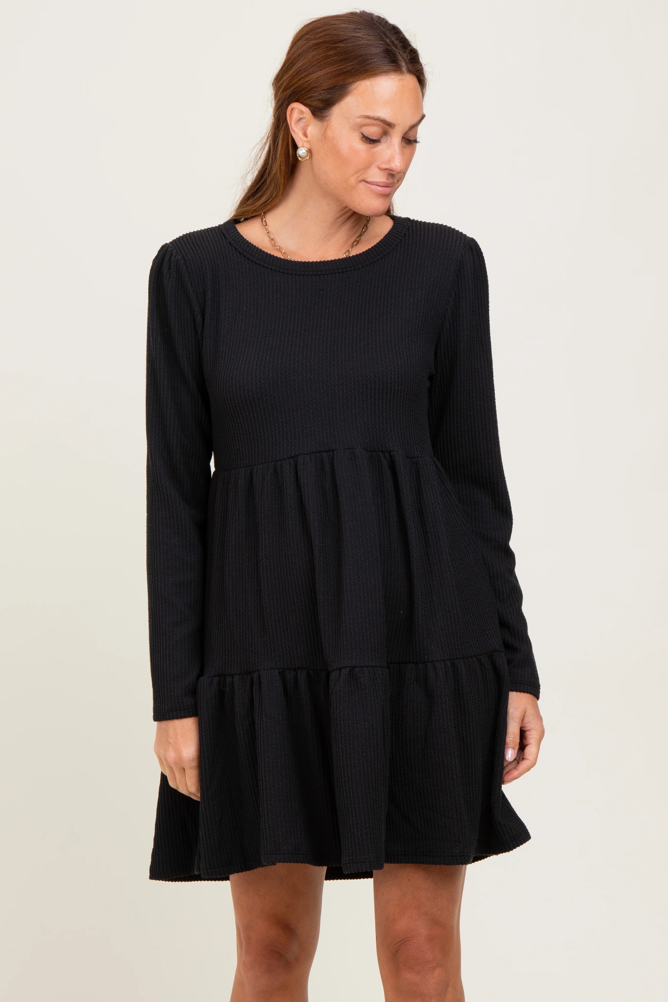 Black Textured Rib Tiered Long Sleeve Maternity Dress - Image 4