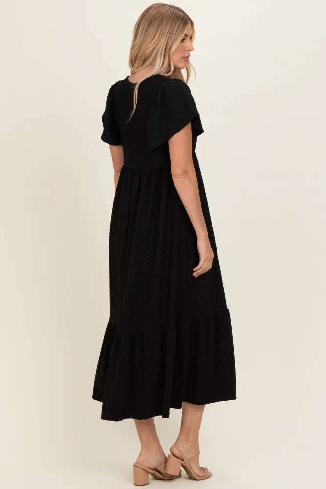 Black Textured Ruffle Hem Maxi Dress - Image 3