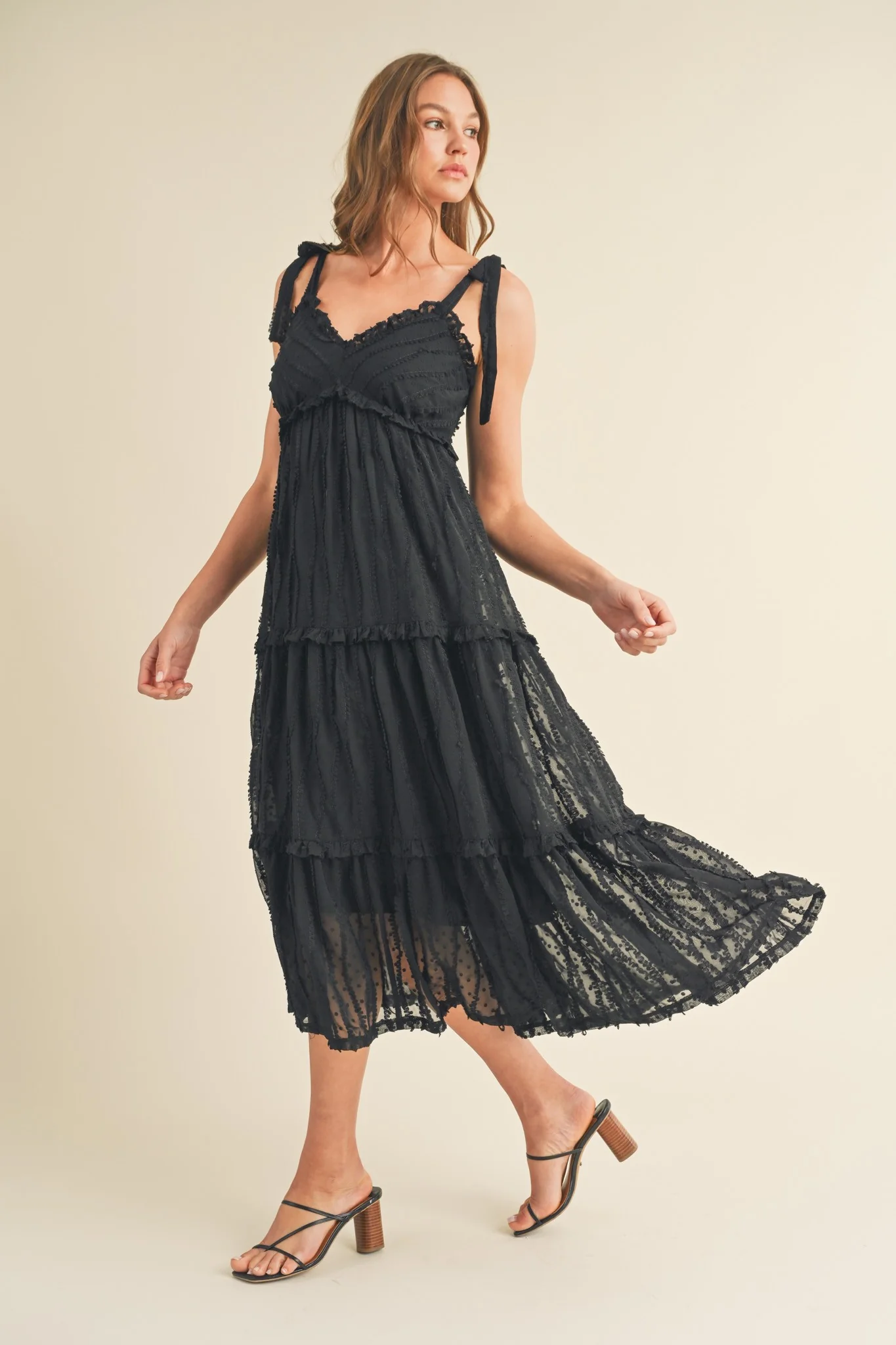 Black Textured Tie Strap Tiered Midi Dress - Image 2