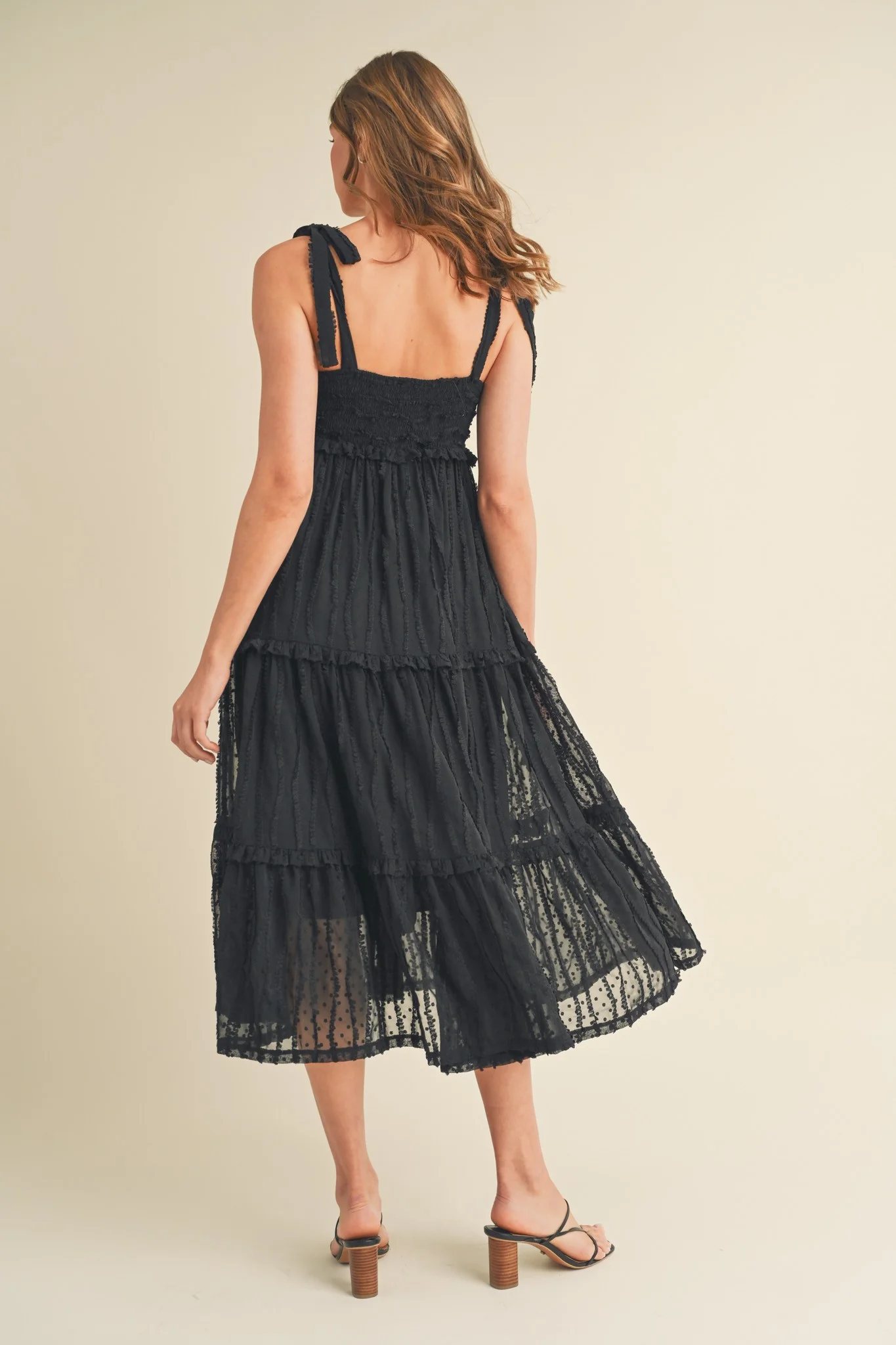 Black Textured Tie Strap Tiered Midi Dress - Image 3