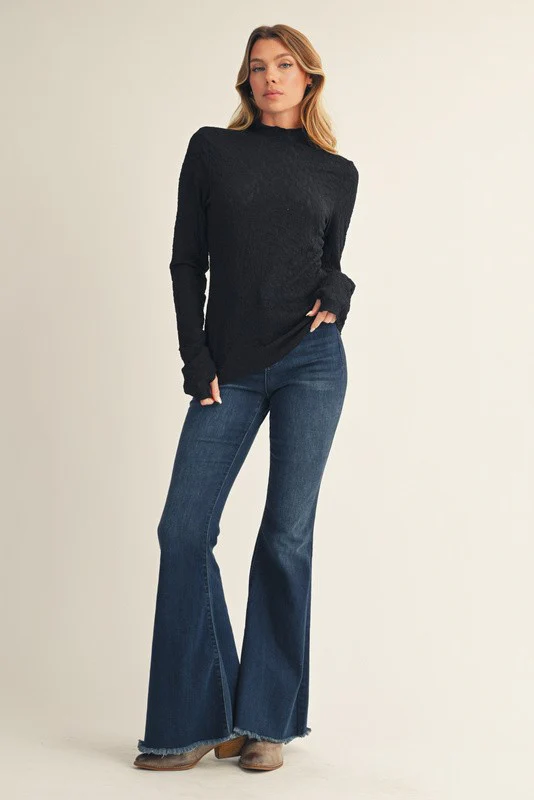 Black Thumbhole Sleeves Mock Neck Lace Top - Image 4