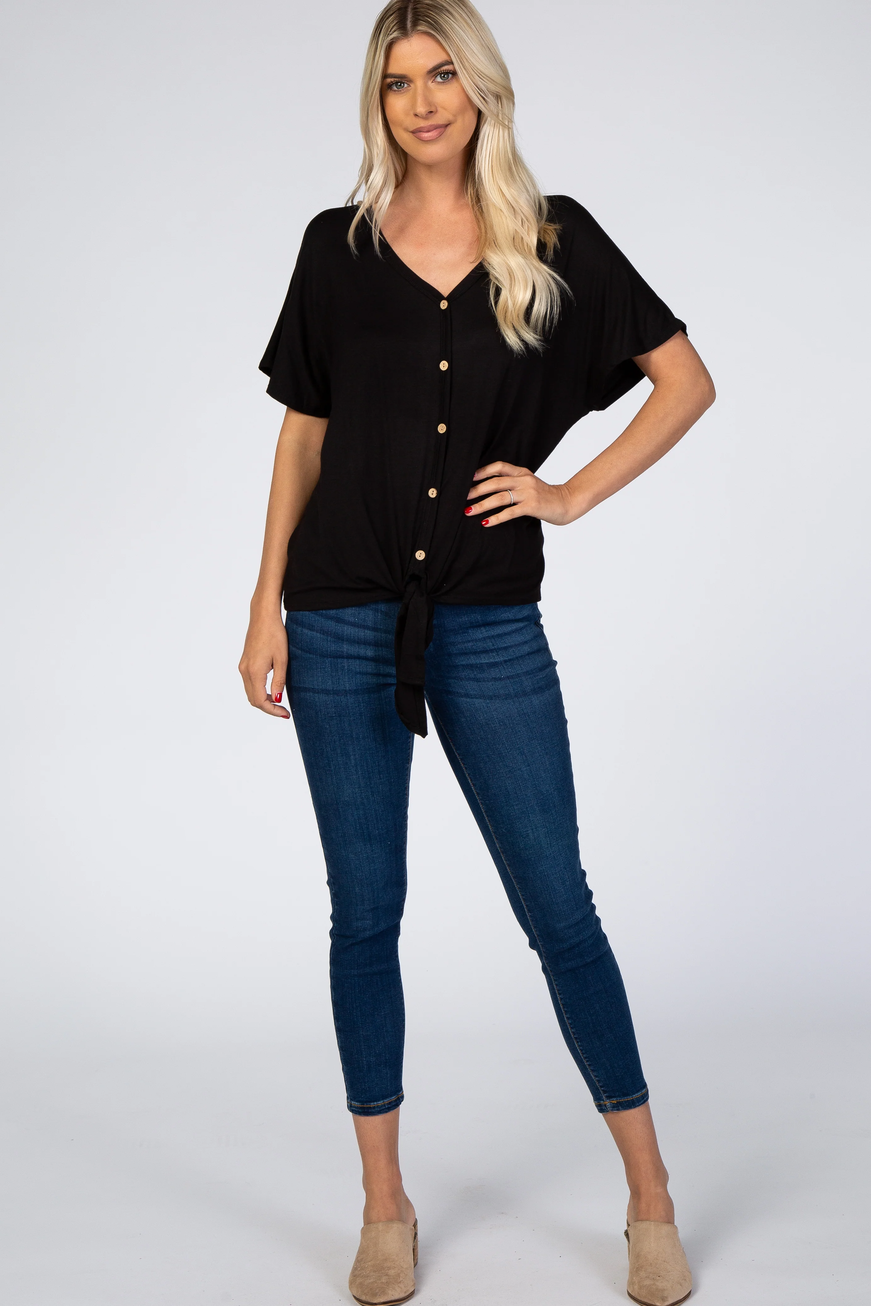 Black Tie Front Short Sleeve Top - Image 4