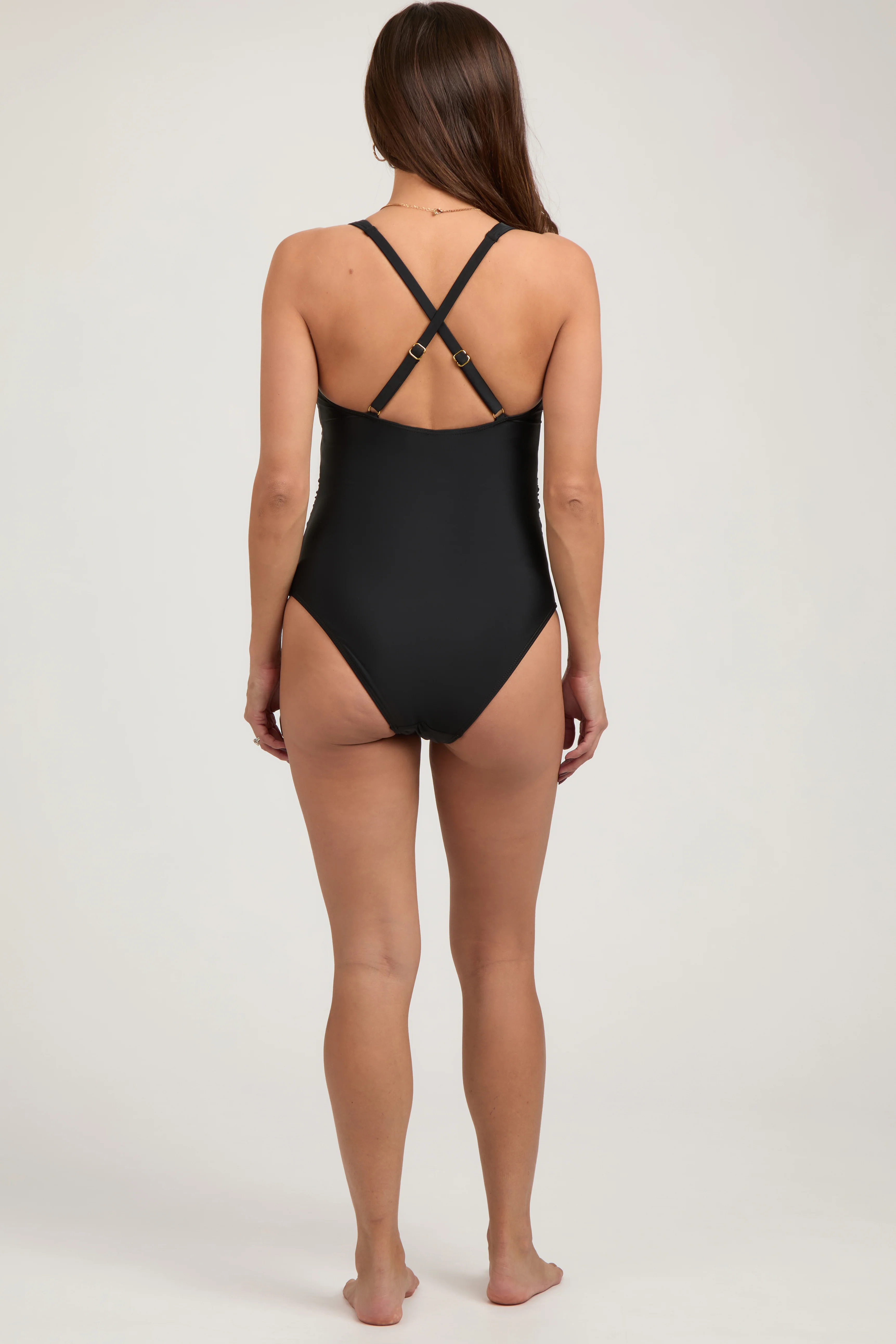 Black Tie Front V-Neck Criss Cross Back One-Piece Maternity Swimsuit - Image 4