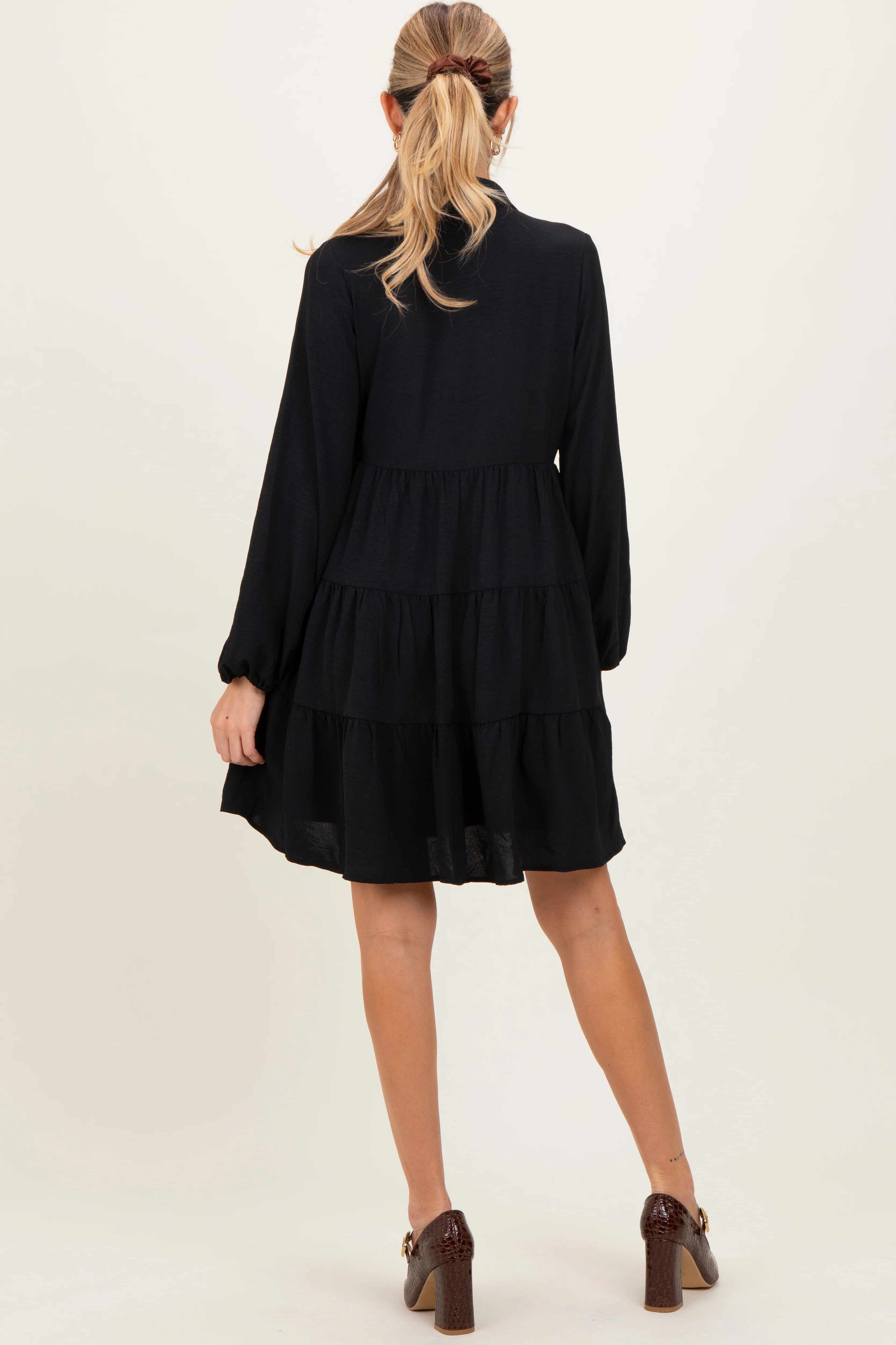 Black Tiered Back Detail Button Down Maternity Dress - Image 3