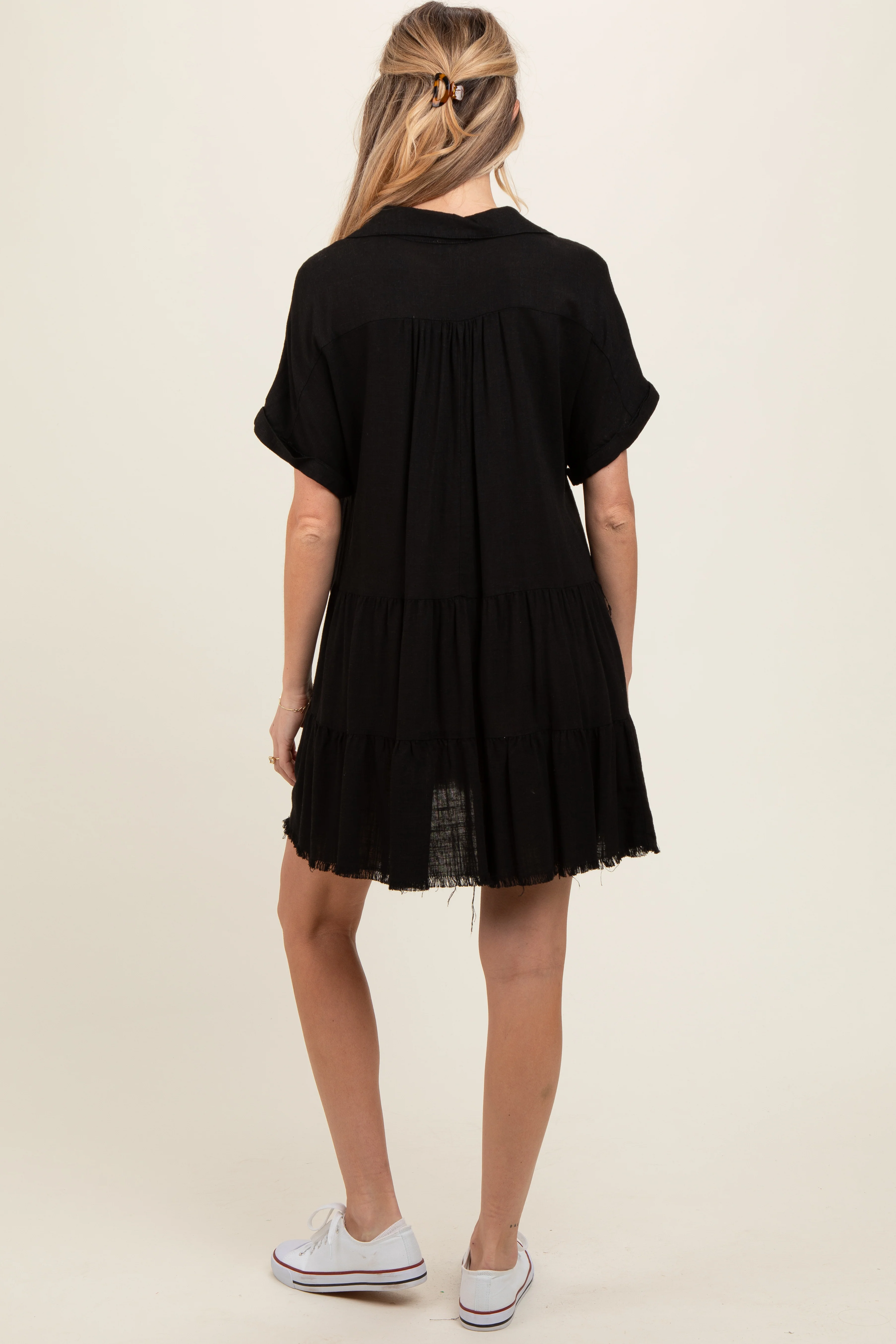Black Tiered Linen Maternity Dress - Image 3